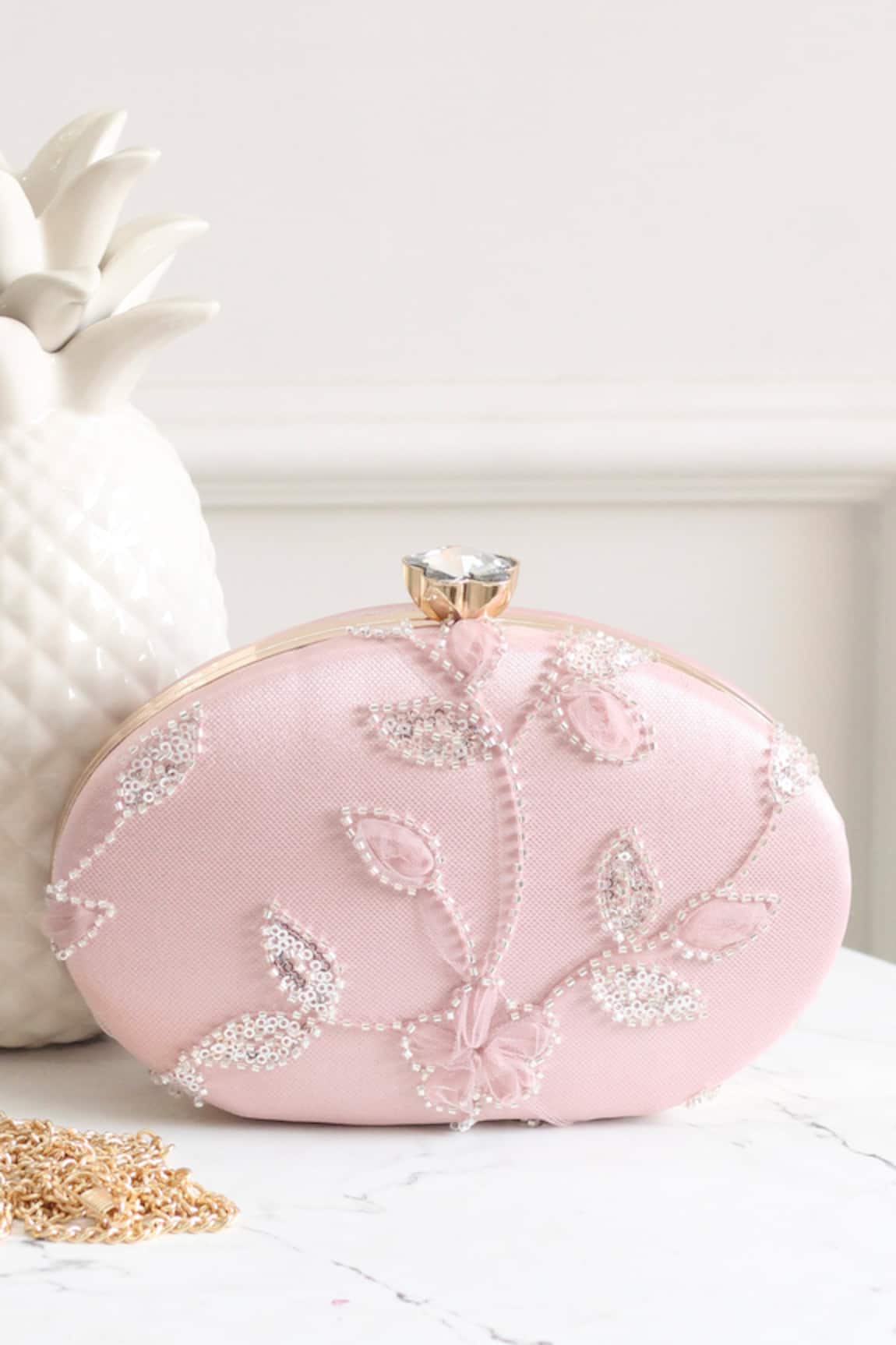 Boxwish By Bhumika Oval Shaped 3D Floral Applique Clutch 