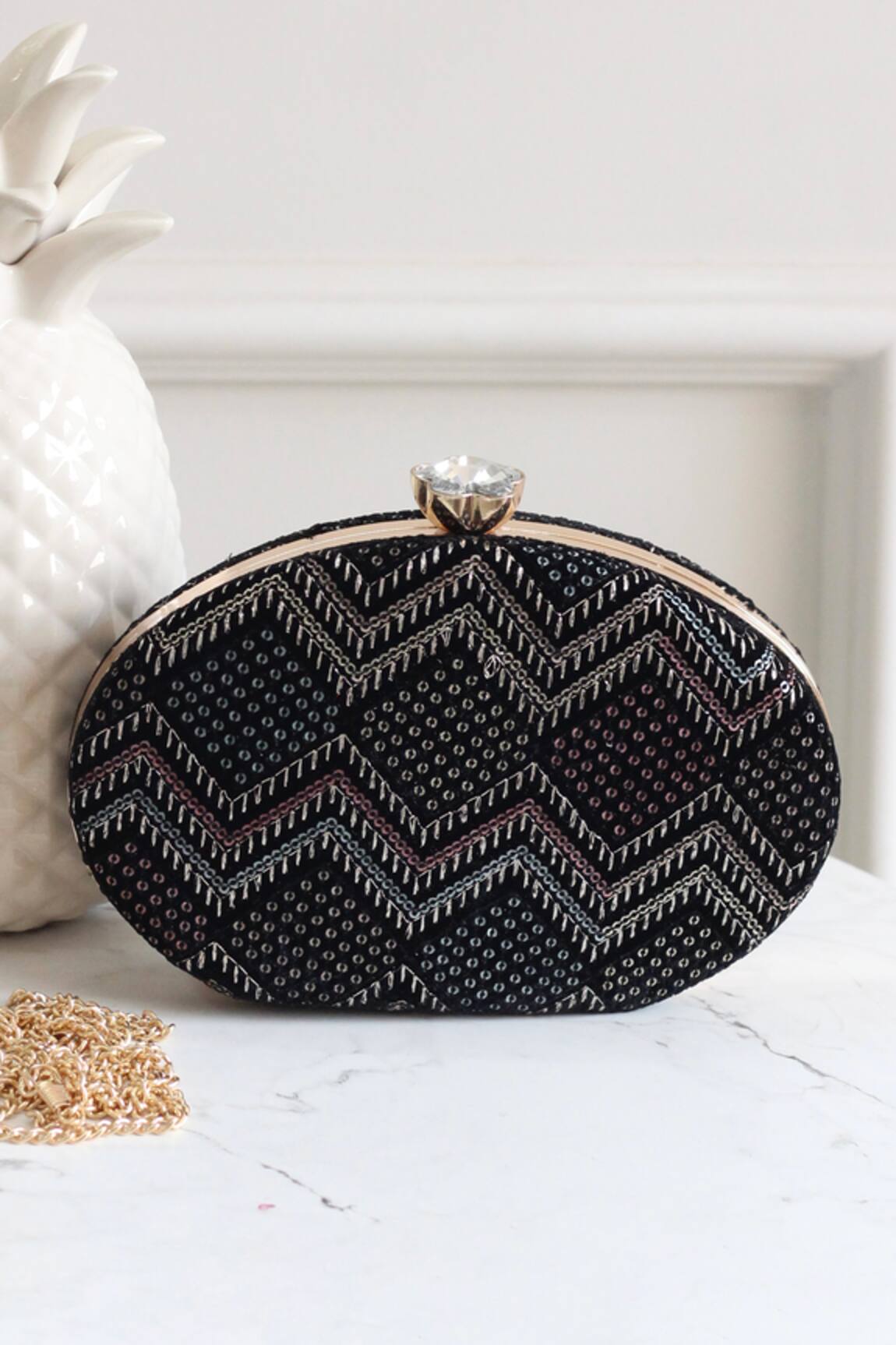 Boxwish By Bhumika Black Velvet Oval Shaped Clutch 