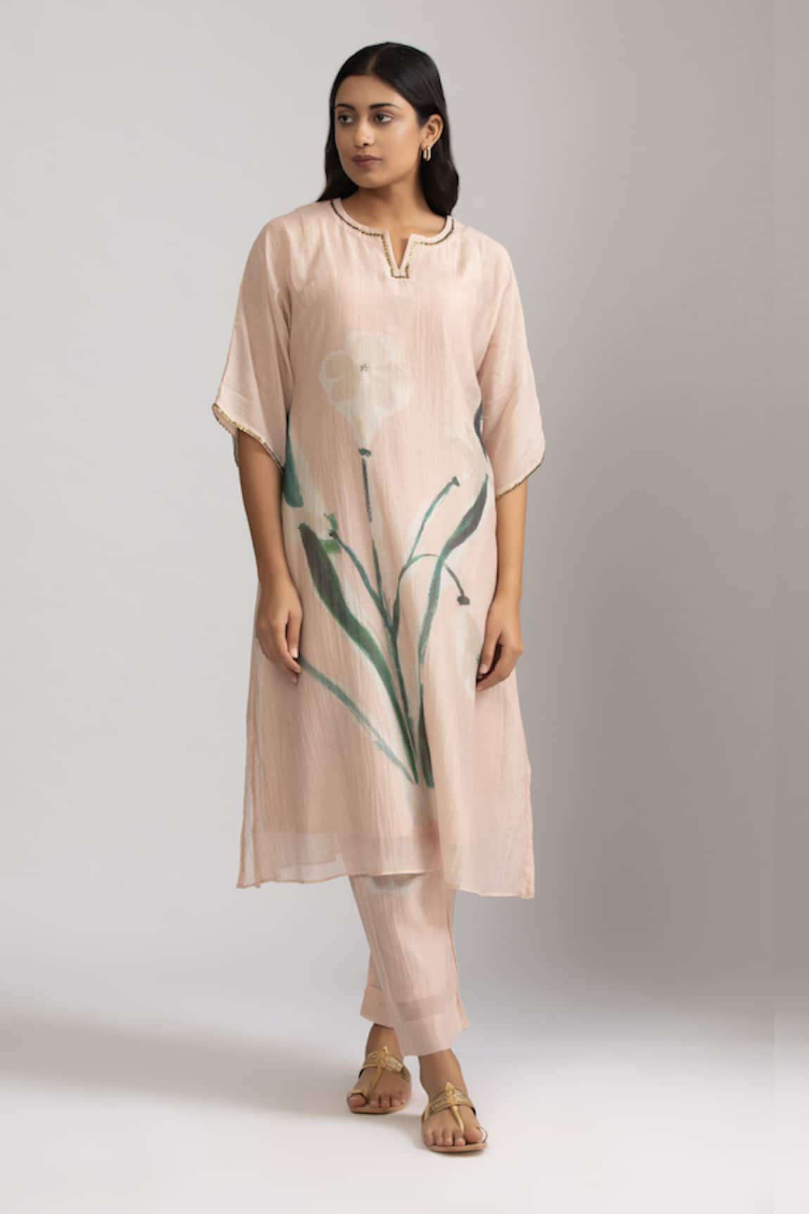 Trendy tokari Peach Flower Printed Kurta & Pant Set 