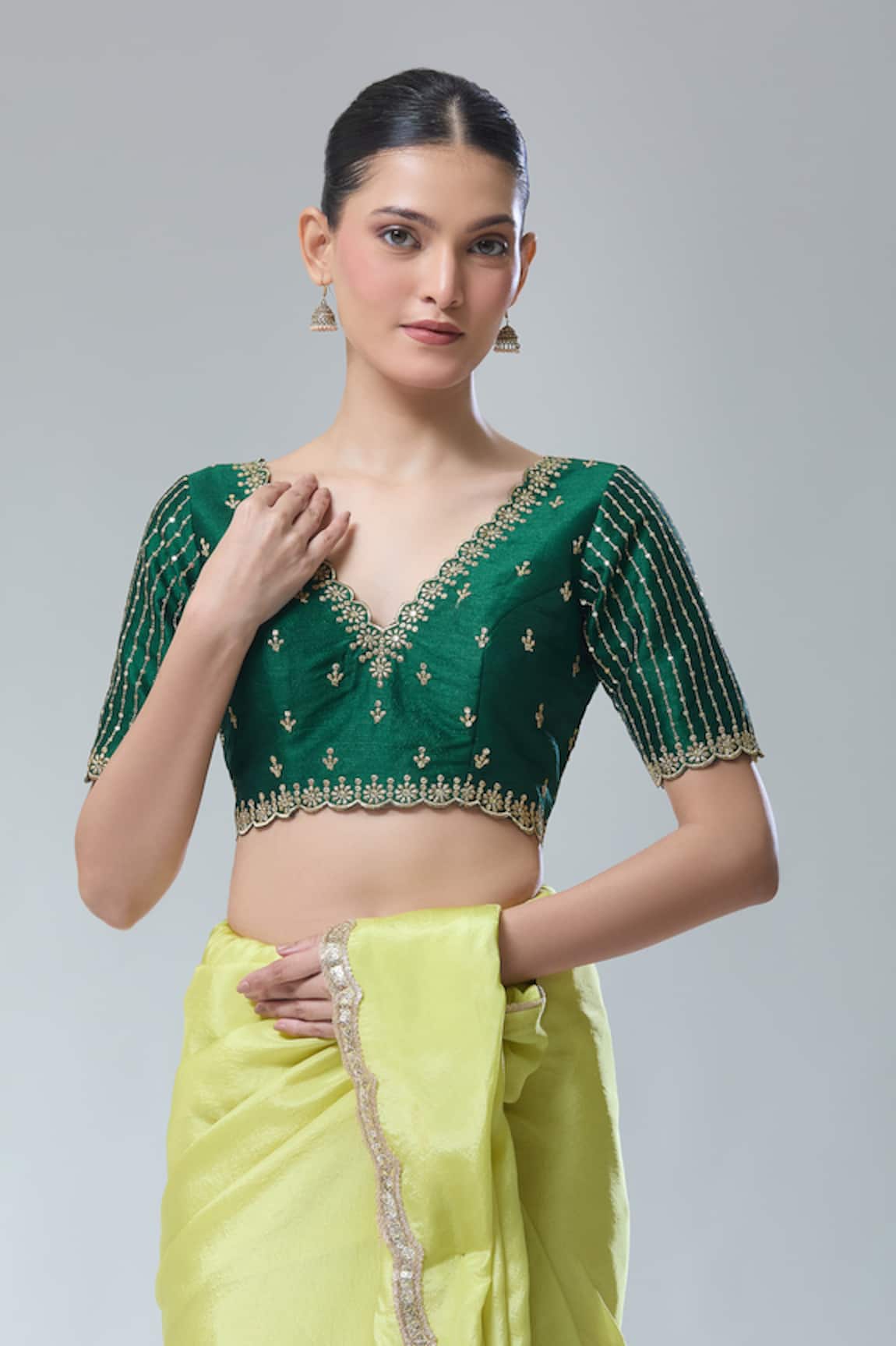 Samyukta Singhania Green Scallop V Neck Sequin Saree Blouse 