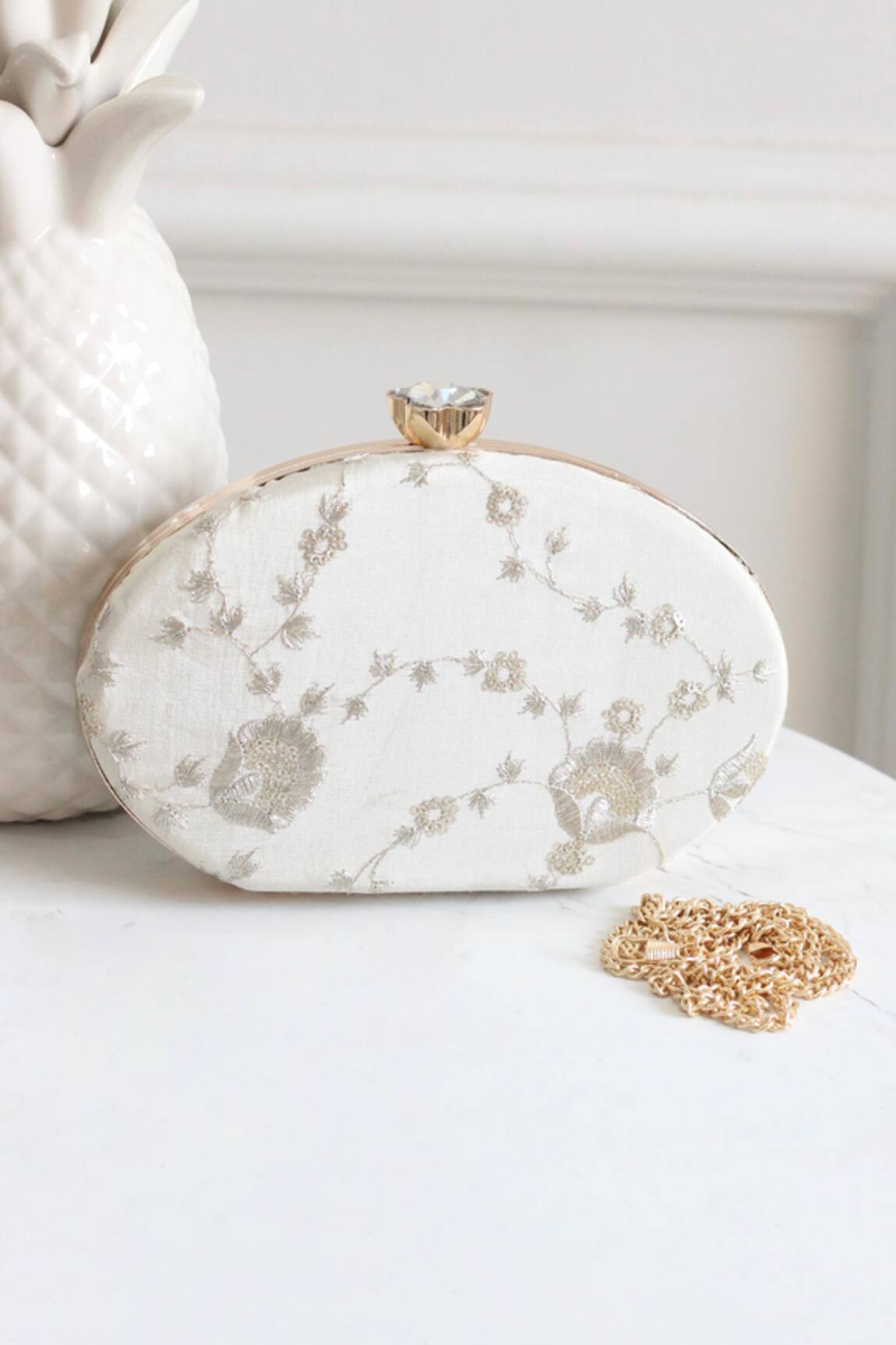 Boxwish By Bhumika Cream Sequin Zari Embroidered Clutch 