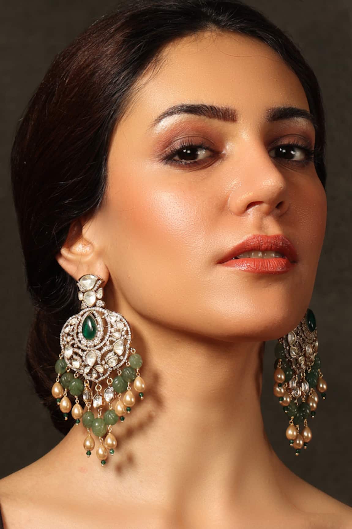 Joules By Radhika Green Kundan Polki Dangling Earrings 