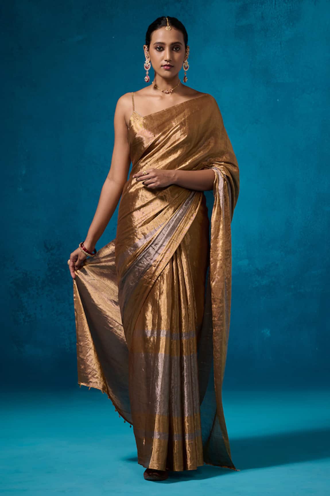 Dressfolk Zari Stripe Woven Handloom Tissue Pre-Draped Saree Set with Running Blouse 