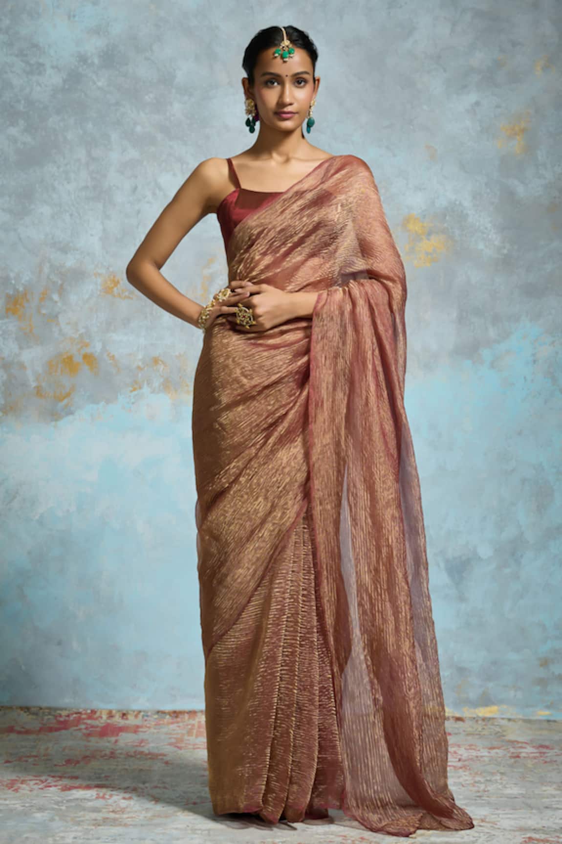 Dressfolk Sindoori Crinkled Tissue Handloom Saree With Running Blouse 