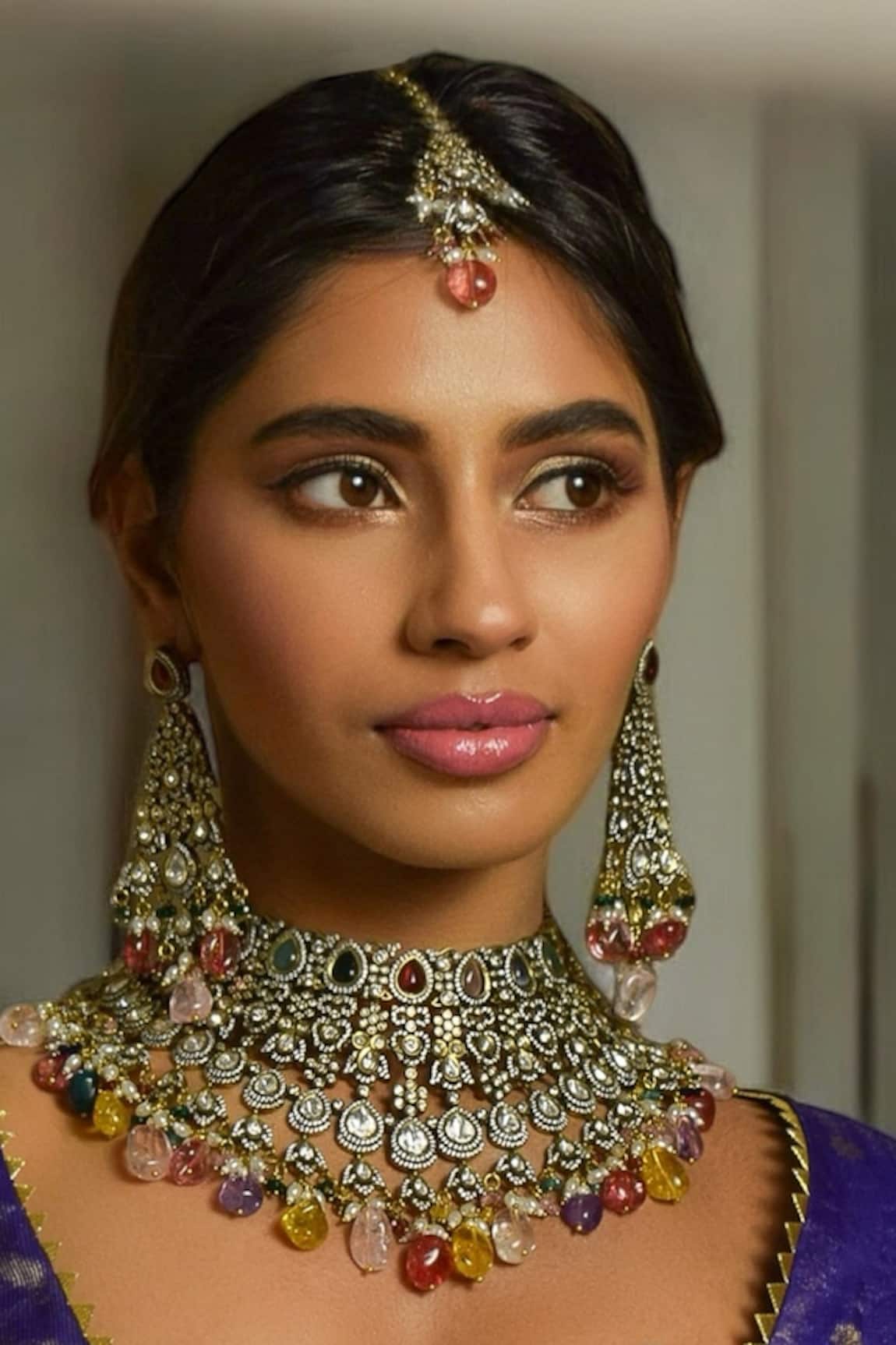 Amaara Jewels Antique Gold Navratna Polki Necklace Set 