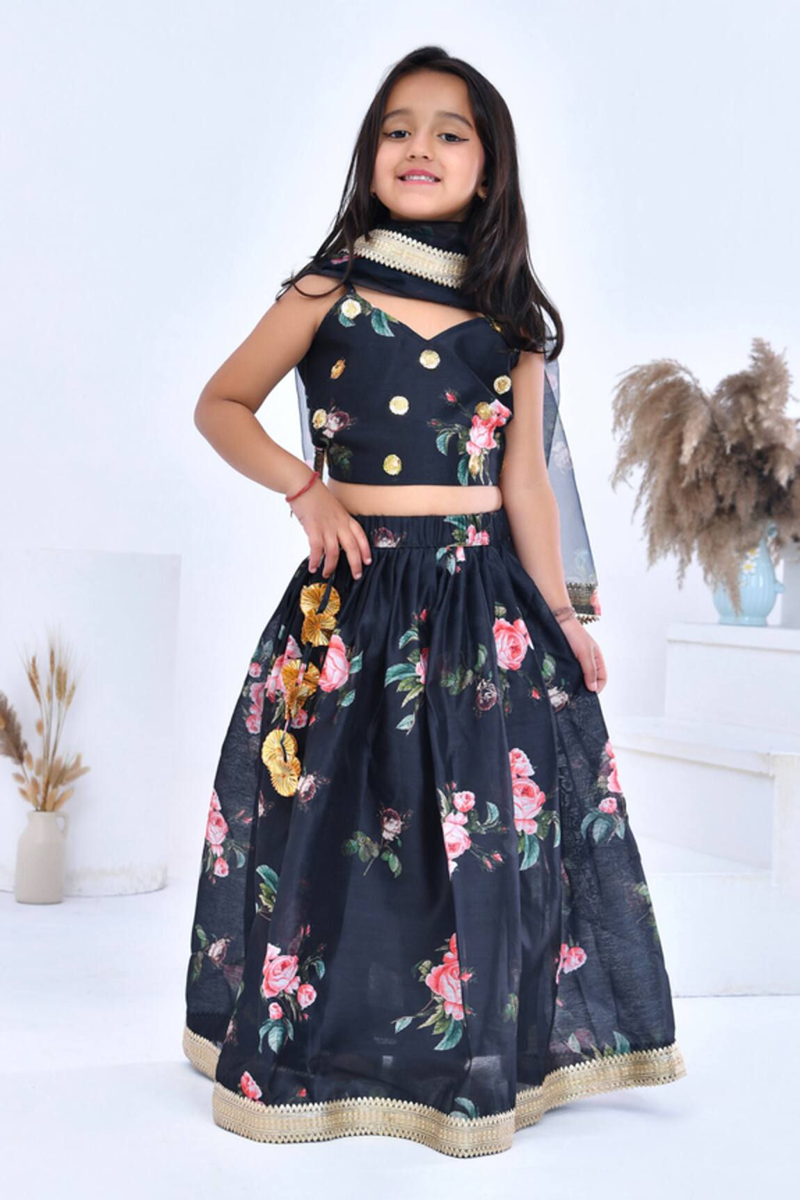 Bannhi by Priyanka Rathore Bloom Print Black Lehenga Set 