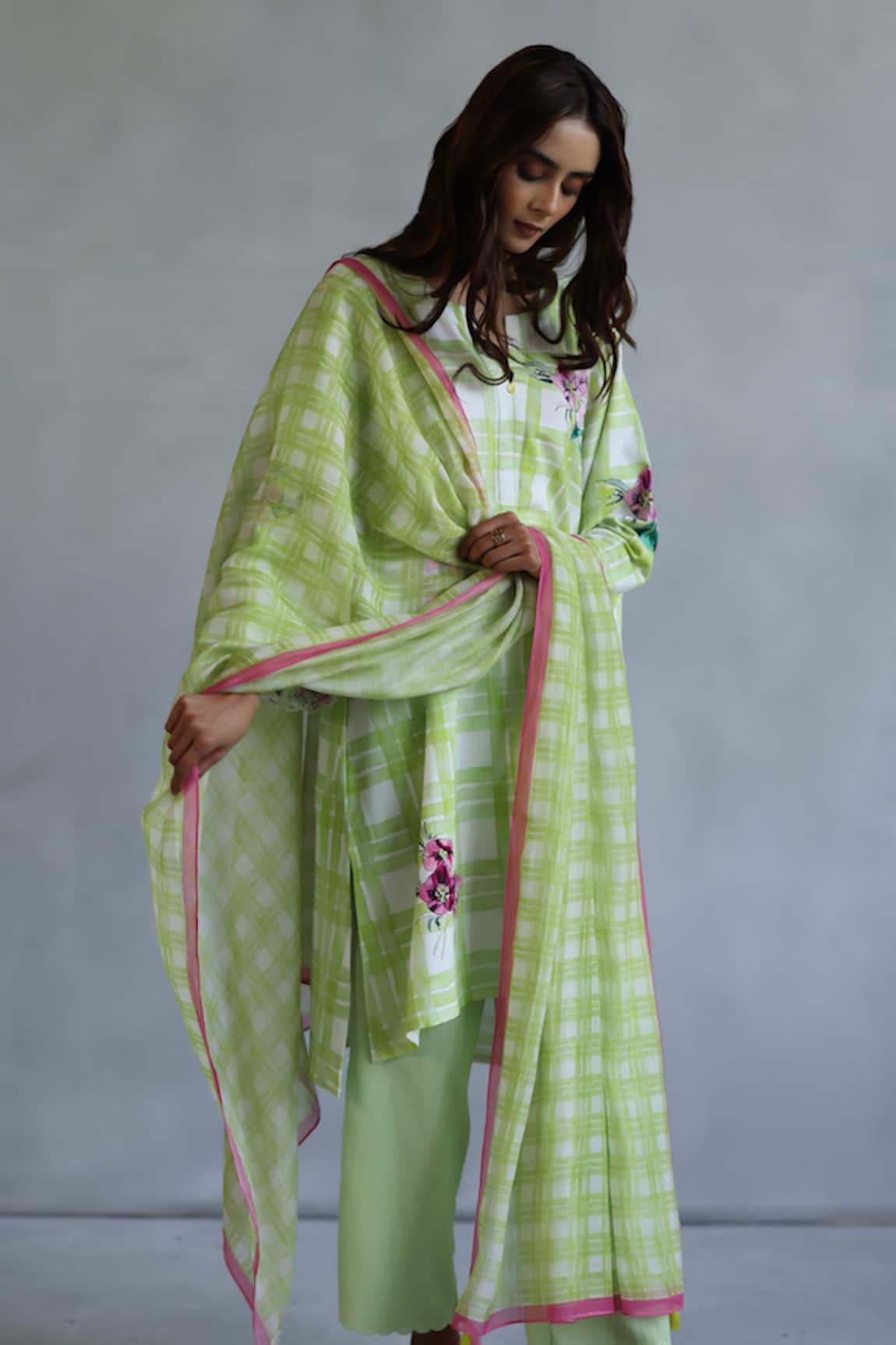Roza Lime Green Checkered Print Stole
