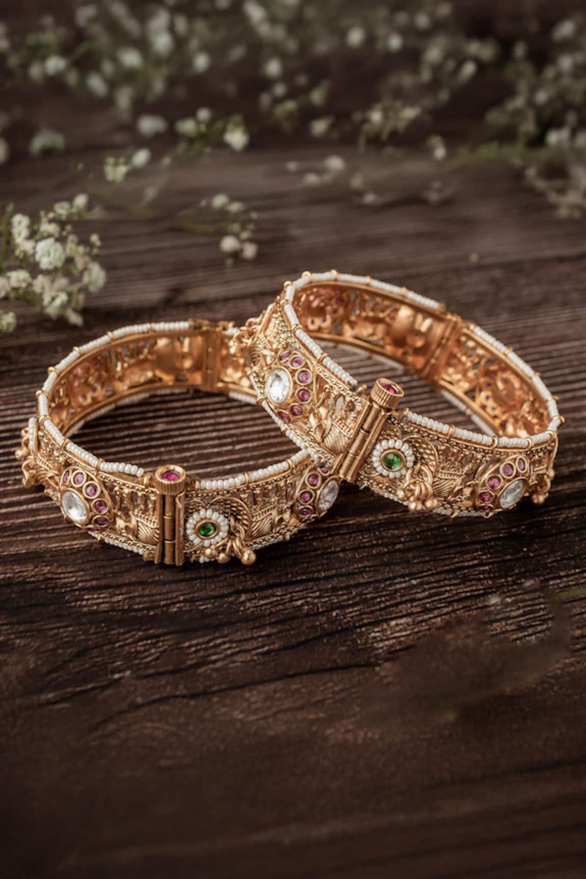 Vivinia By Vidhi Mehra Gold Filigree Stone Bangles Set of 2