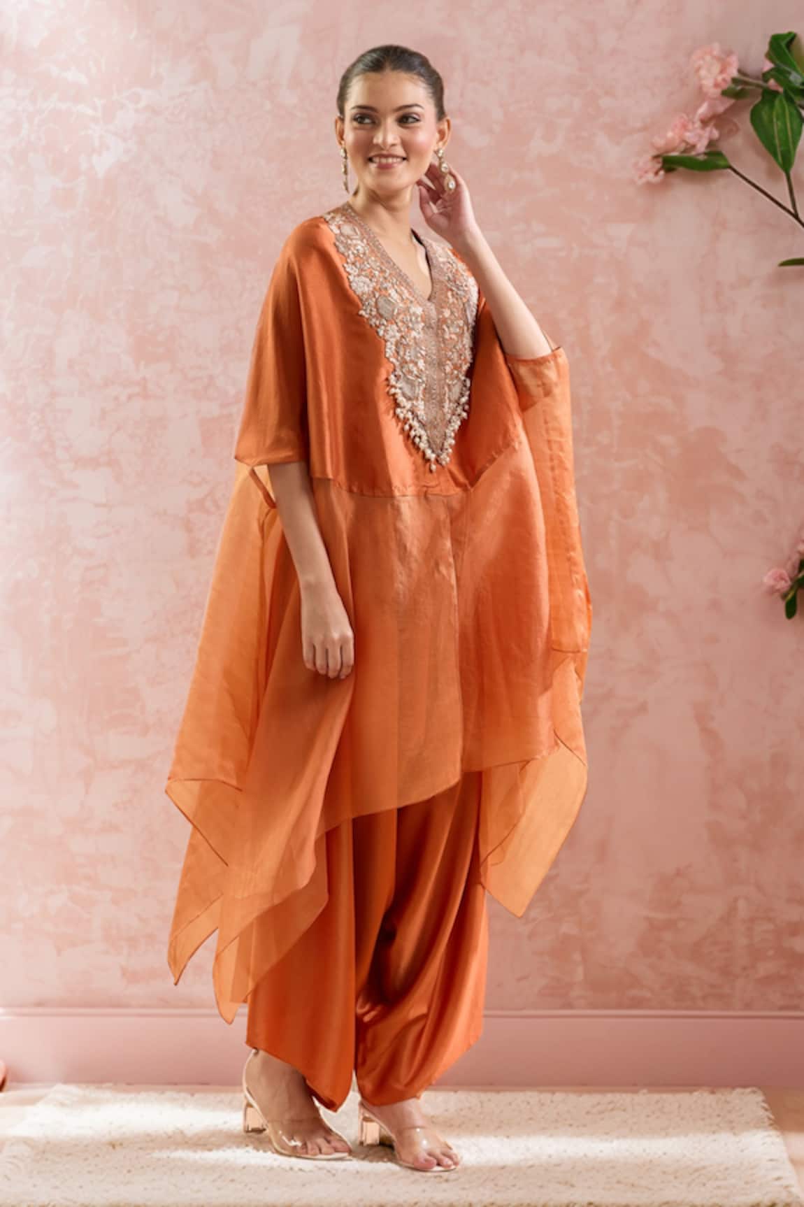 Prisho Floral Gota Embroidered Kaftan & Draped Pant Set 