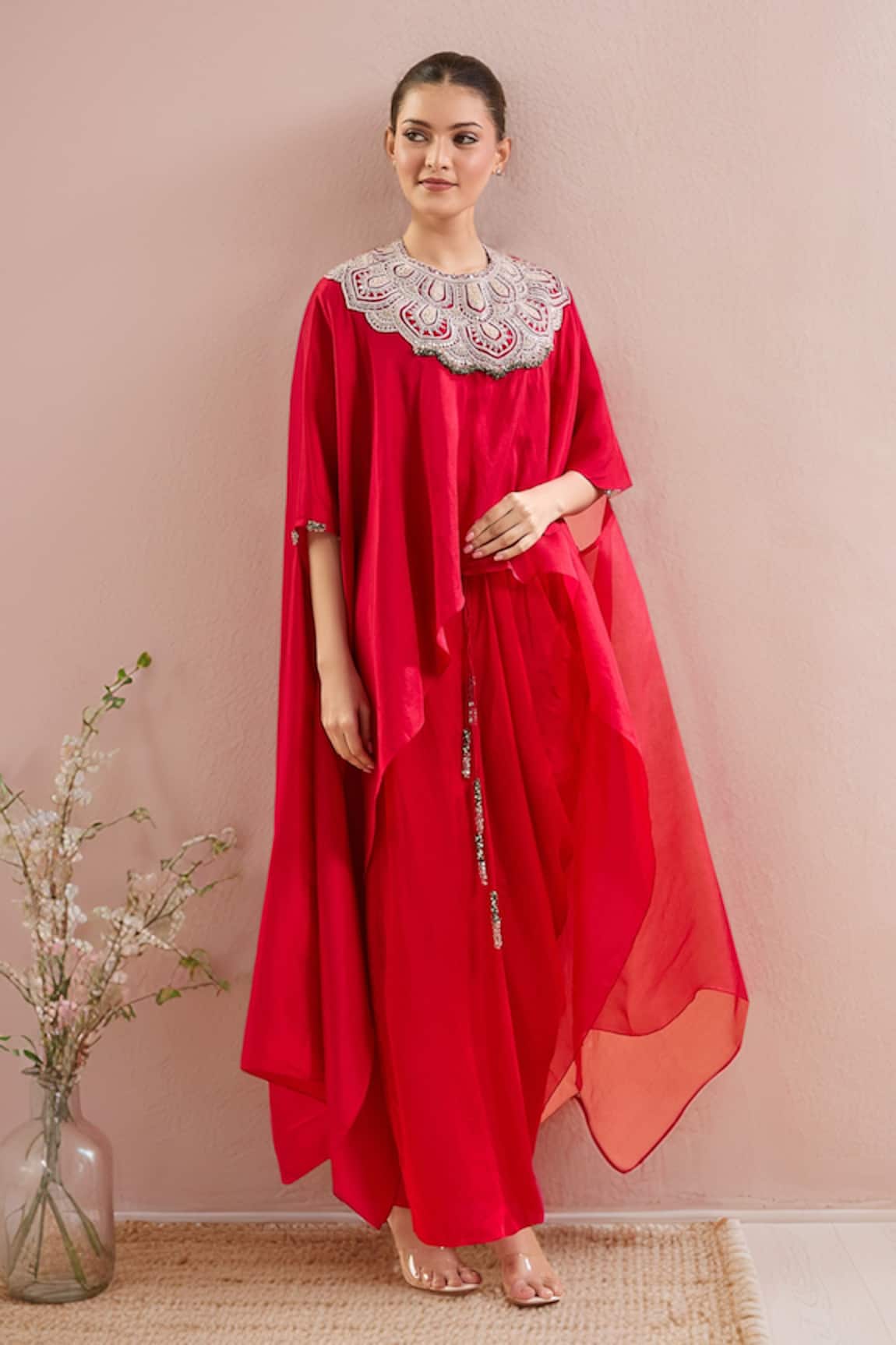 Prisho Embroidered Red Kaftan With Draped Skirt