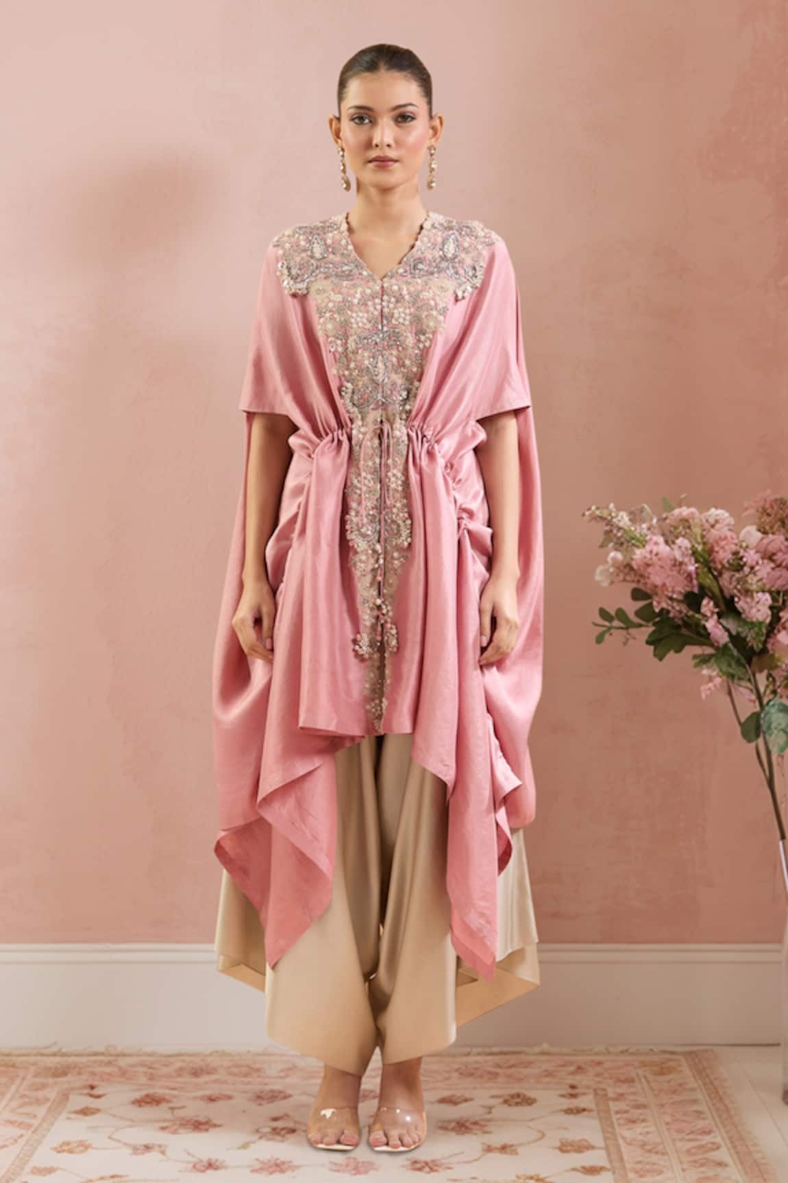 Prisho Embroidered Kaftan Set With Draped Pant 