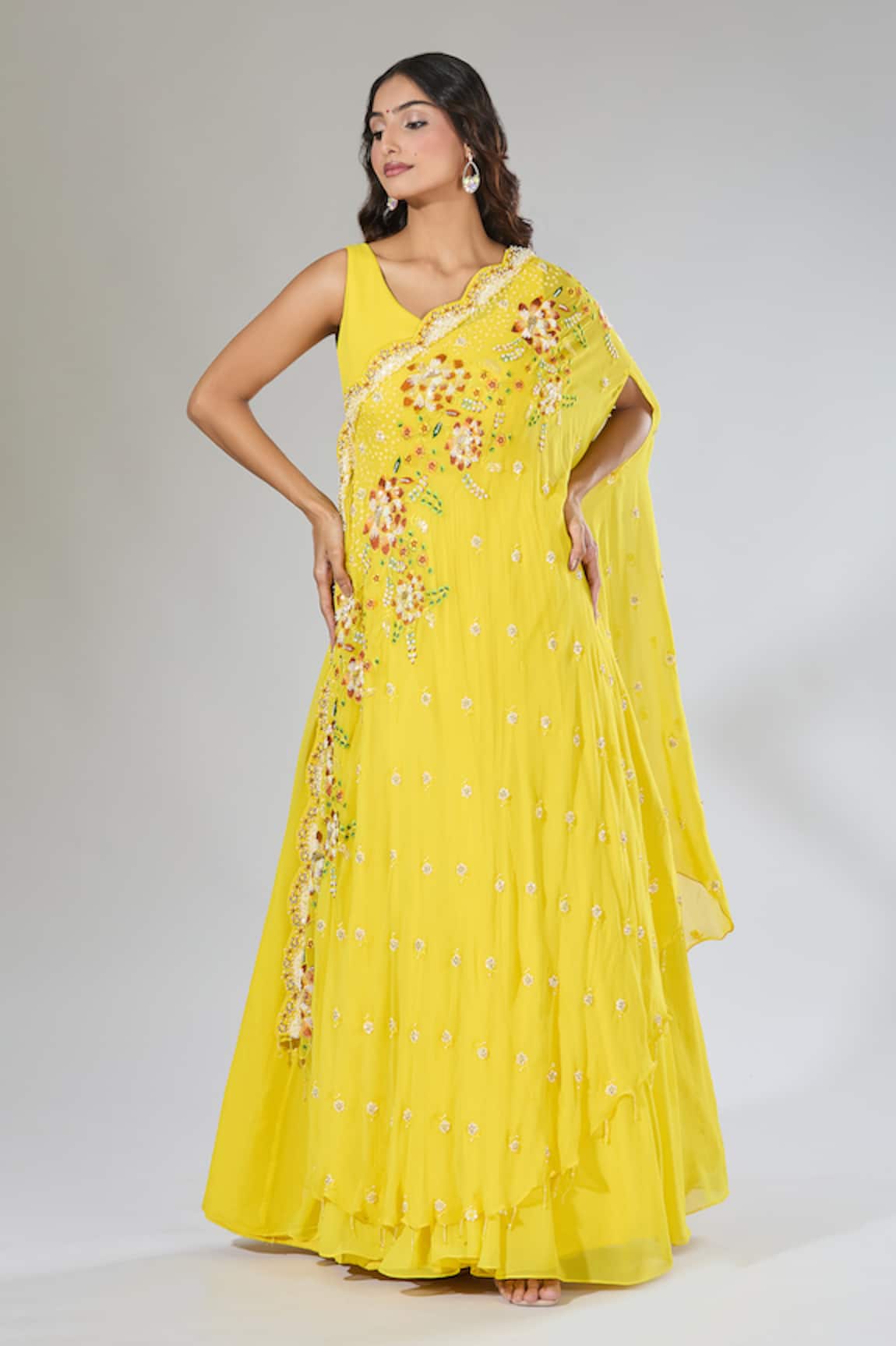 Samyukta Singhania Yellow Embroidered Anarkali & Drape Set