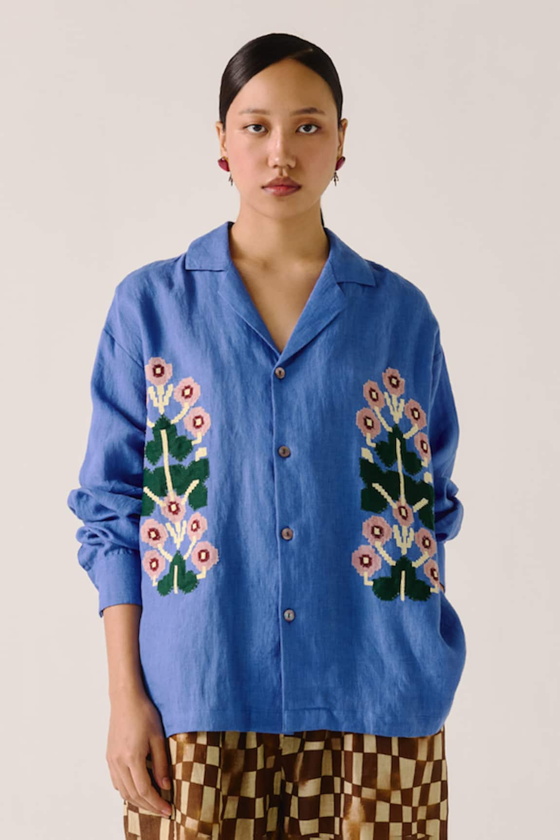 Cord Embellished Floral Applique Shirt 