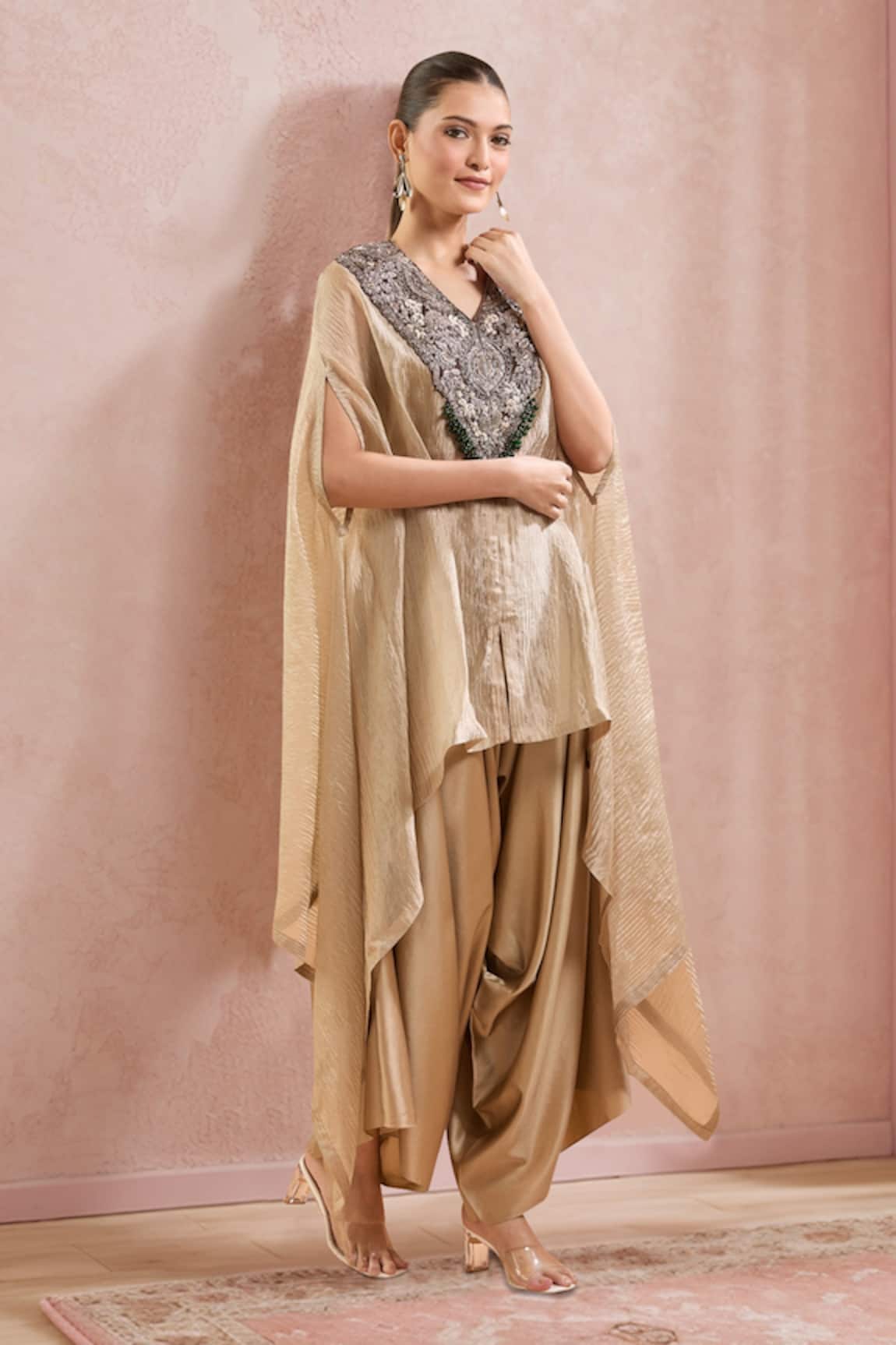 Prisho Floral Embroidered Kaftan & Draped Pant Set 