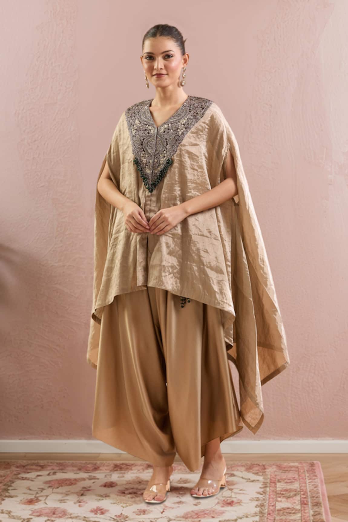 Prisho Floral Embroidered Kaftan & Draped Pant 