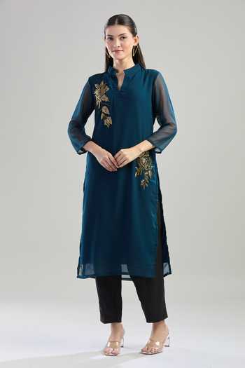 Khwaab By Sanjana Lakhani Glass Bead Embroidered Blue Kurta 
