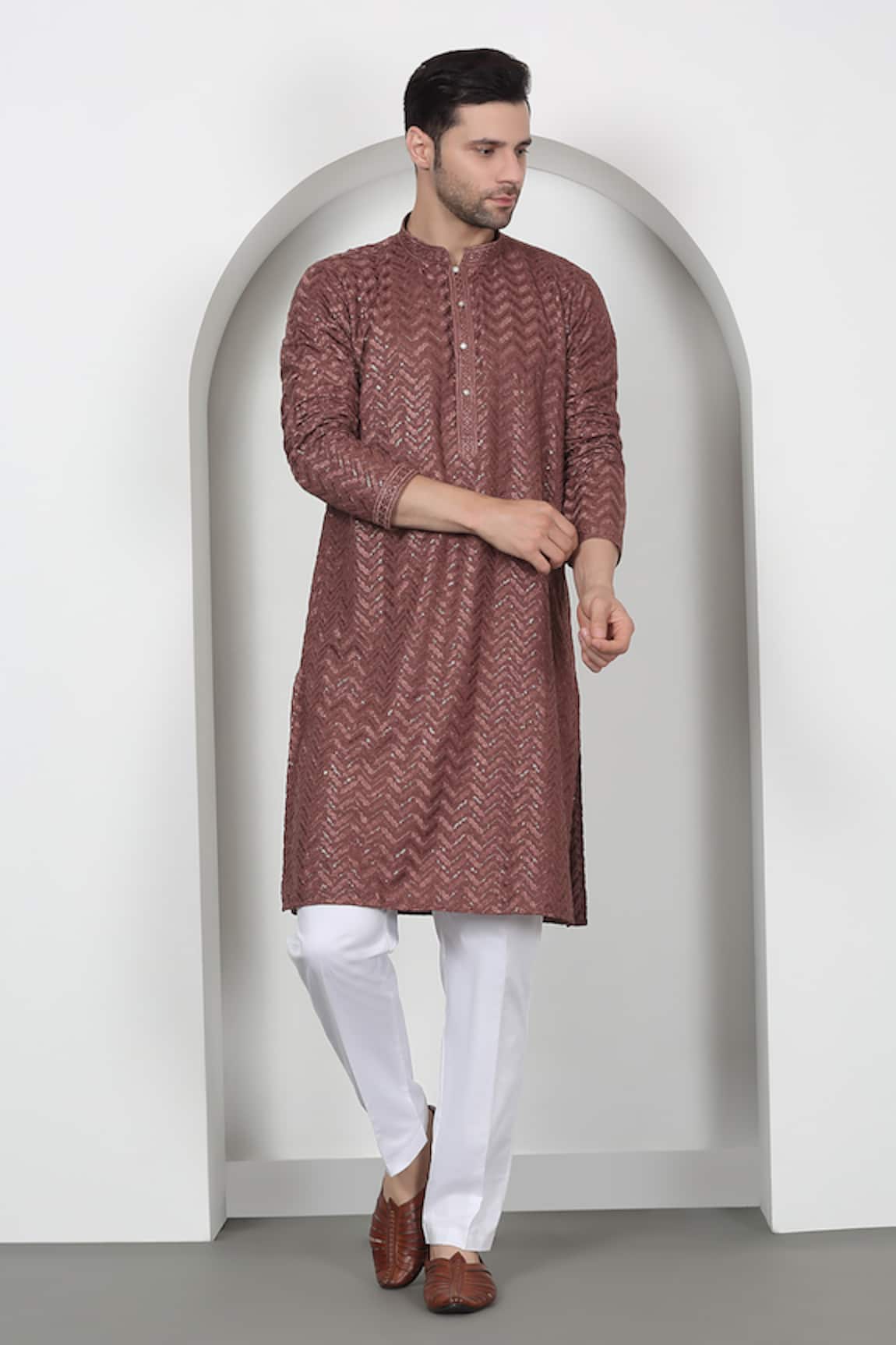 Aham-Vayam Chevron Embroidered Cotton Kurta Set 