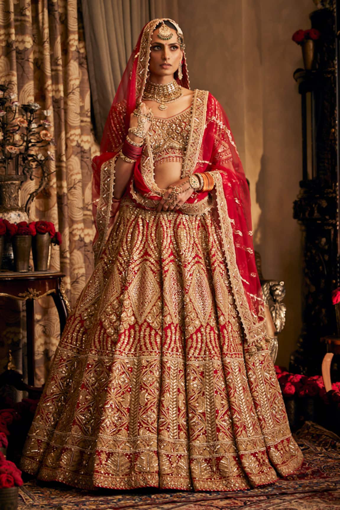 Rimple And Harpreet Narula Red Tulle Marodi Embroidered Lehenga Set 