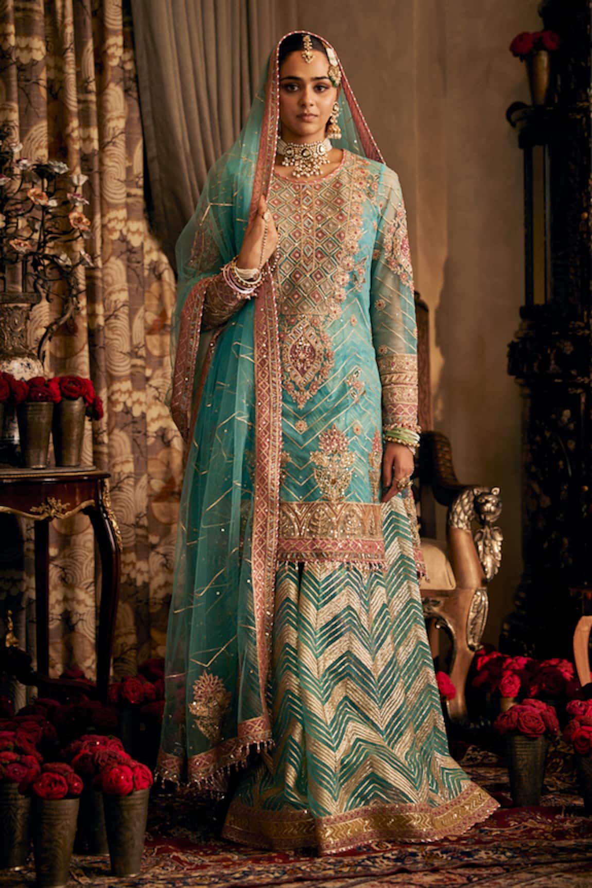Rimple And Harpreet Narula Turquoise Jaal Embroidered Kurta Sharara Set 
