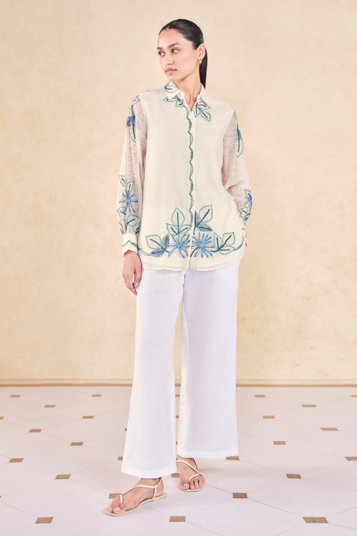 Grassroot By Anita Dongre Ivory Thread Embroidered Shirt 
