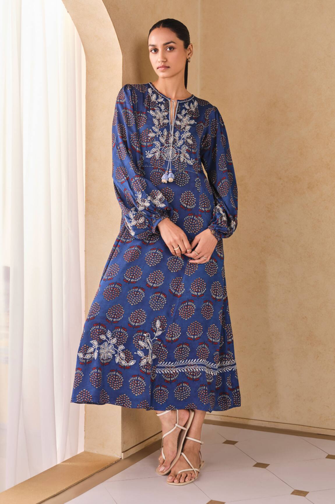 Grassroot By Anita Dongre Floral Embroidered Ajrakh Print Midi Dress 