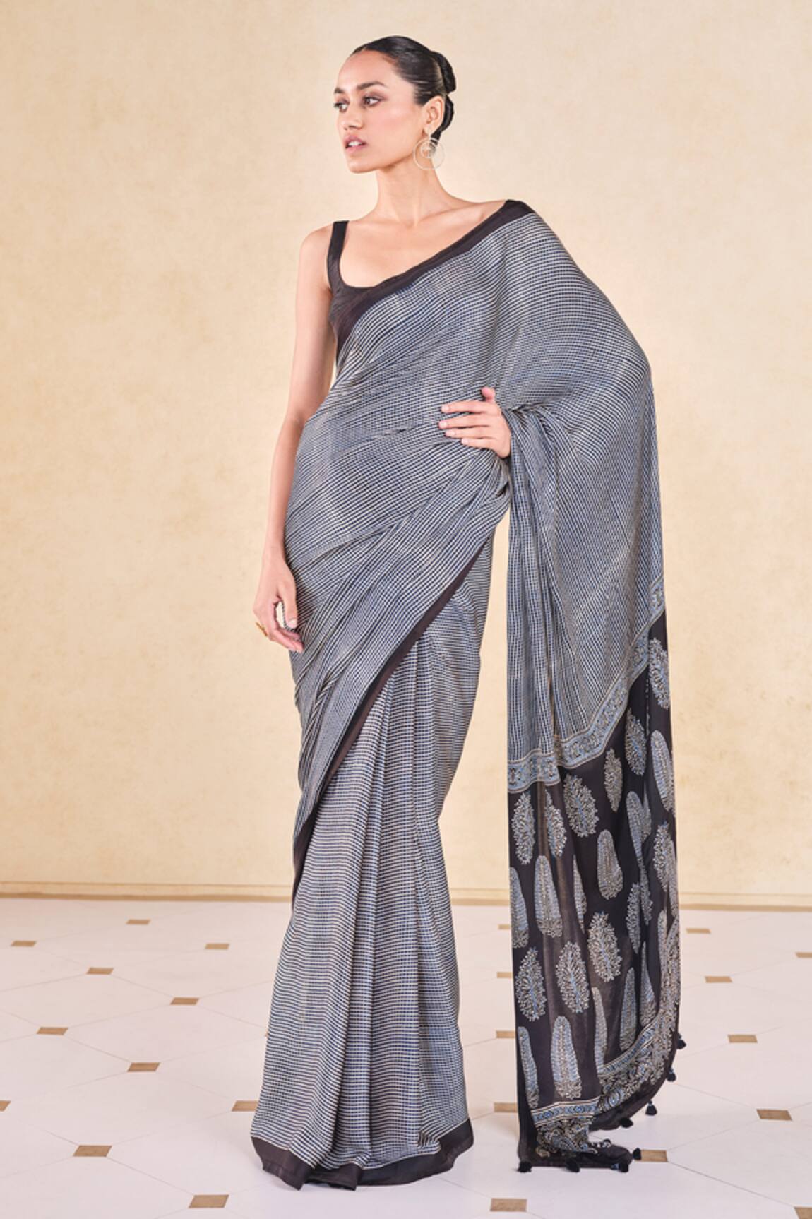 Grassroot By Anita Dongre Korat Ajrakh Print Saree & Unstitched Blouse Piece 