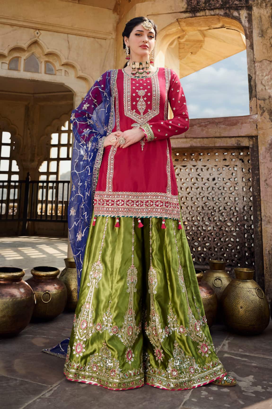 Lashkaraa Floral Embroidered Kurta Sharara Set 