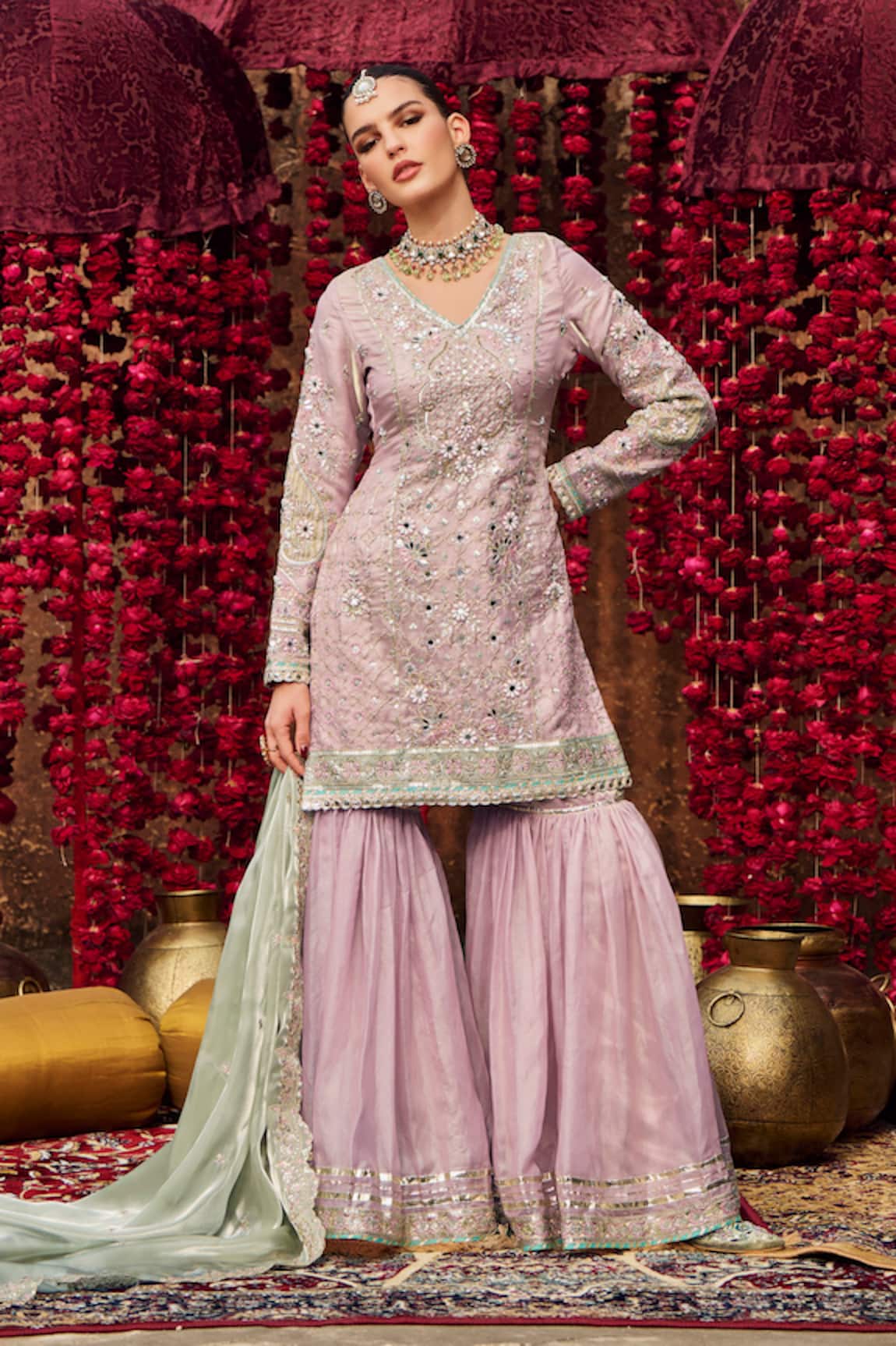 Lashkaraa Floral Embroidered Kurta Gharara Set 