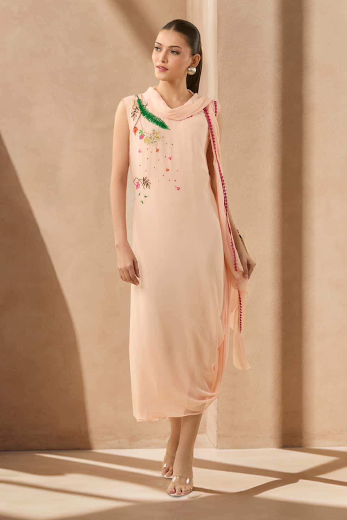 Limerick By Abirr N' Nanki Floral Embroidered Draped Midi Dress