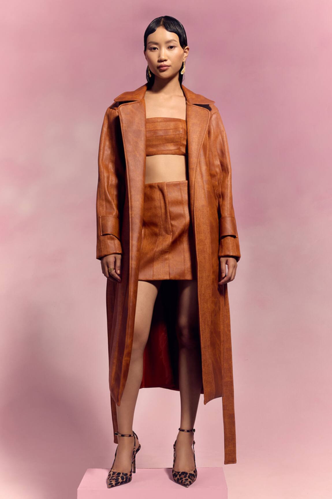 July Issue Textured Faux Leather Jacket & Skirt Set 