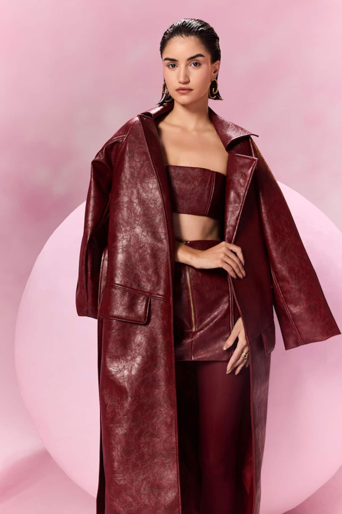 July Issue Textured Maroon Trench Jacket & Skirt Set 
