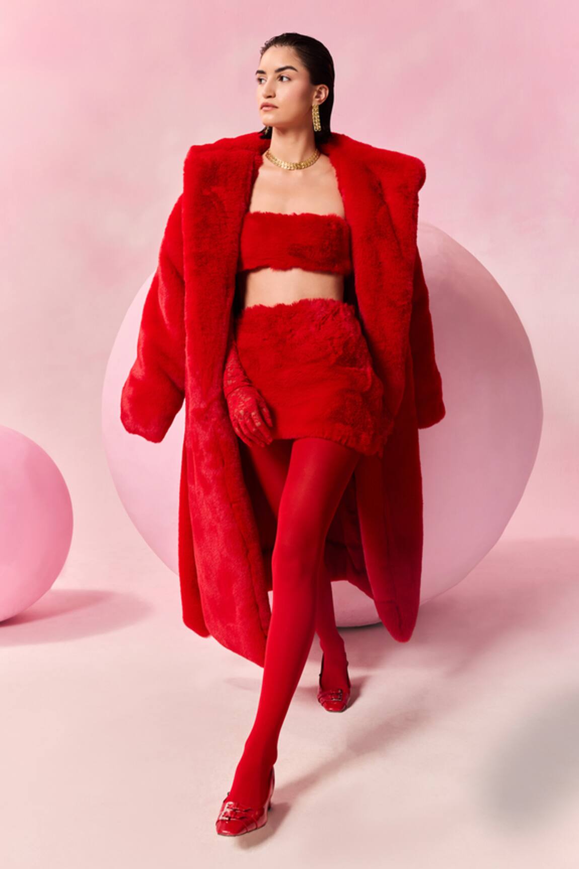 July Issue Red Faux Fur Jacket & Skirt Set 
