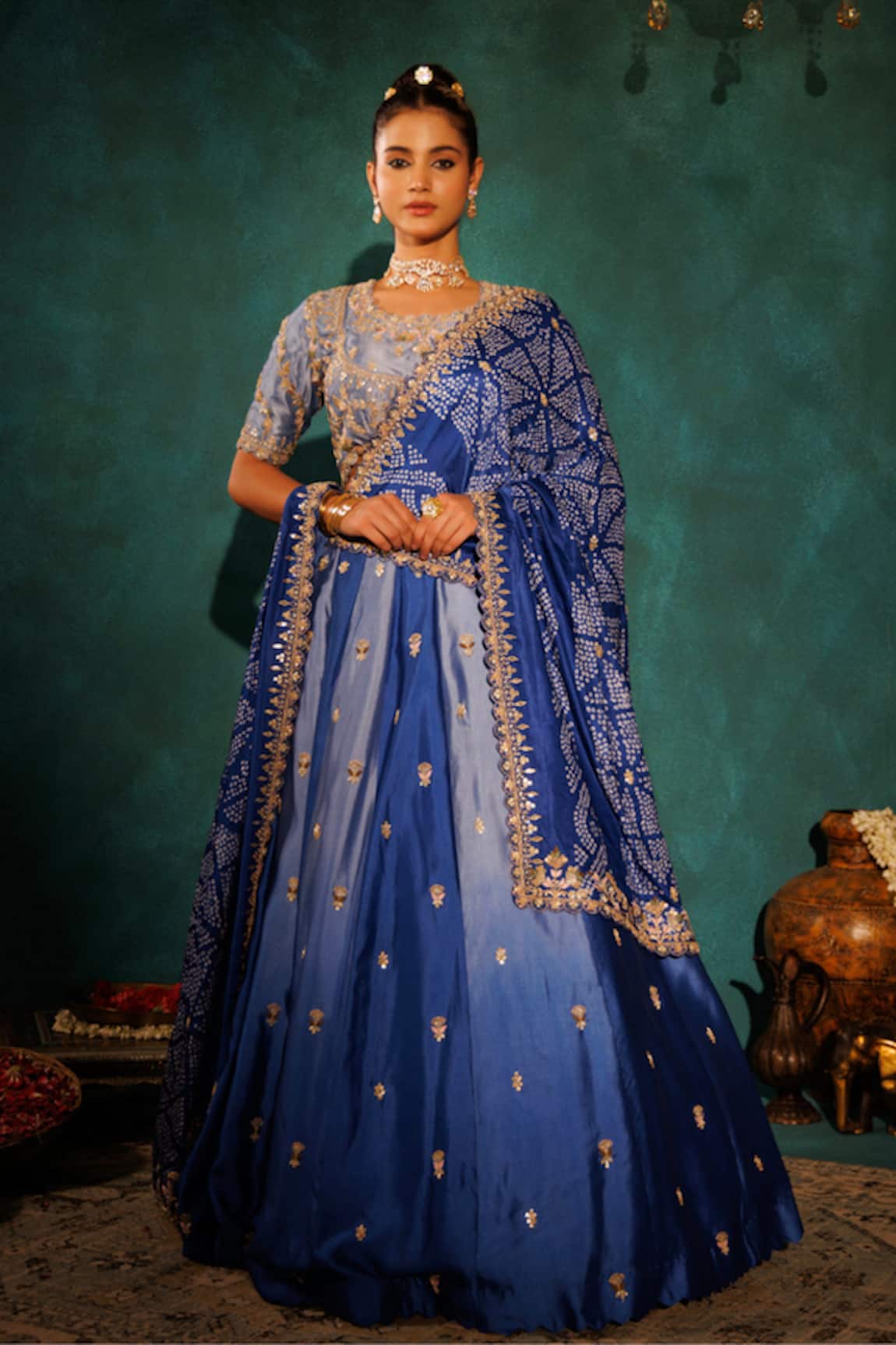 Vinita Bhansali Floral Embroidered Blue Lehenga Set 