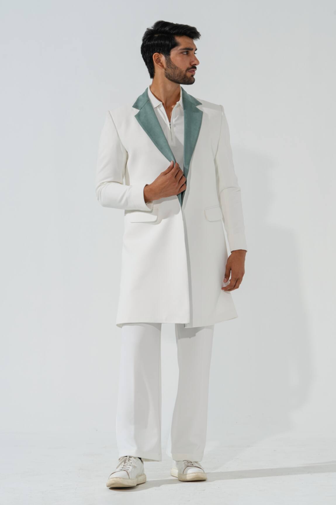 Niloufer By Aasif Ally Longline Coat With Grey Lapel 