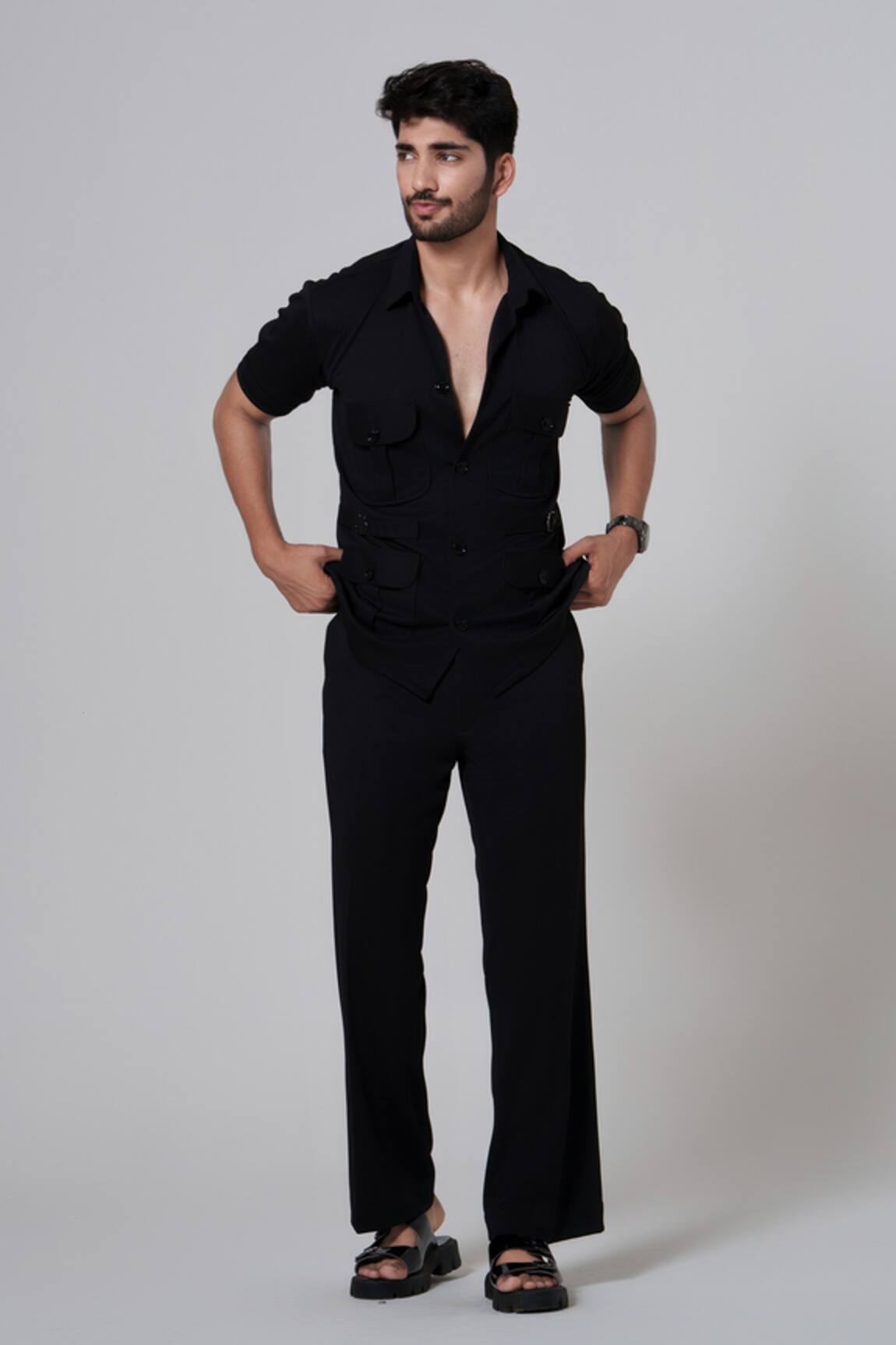 Niloufer By Aasif Ally Pocketed Black Shirt & Pant Set 