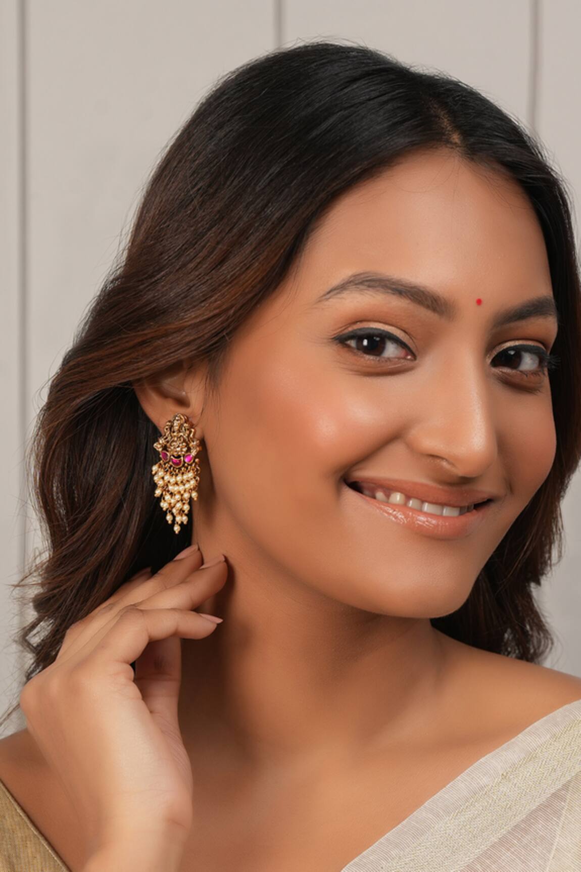 Smars Jewelry Maa Lakshmi Pearl Drop Antique Gold Earrings 