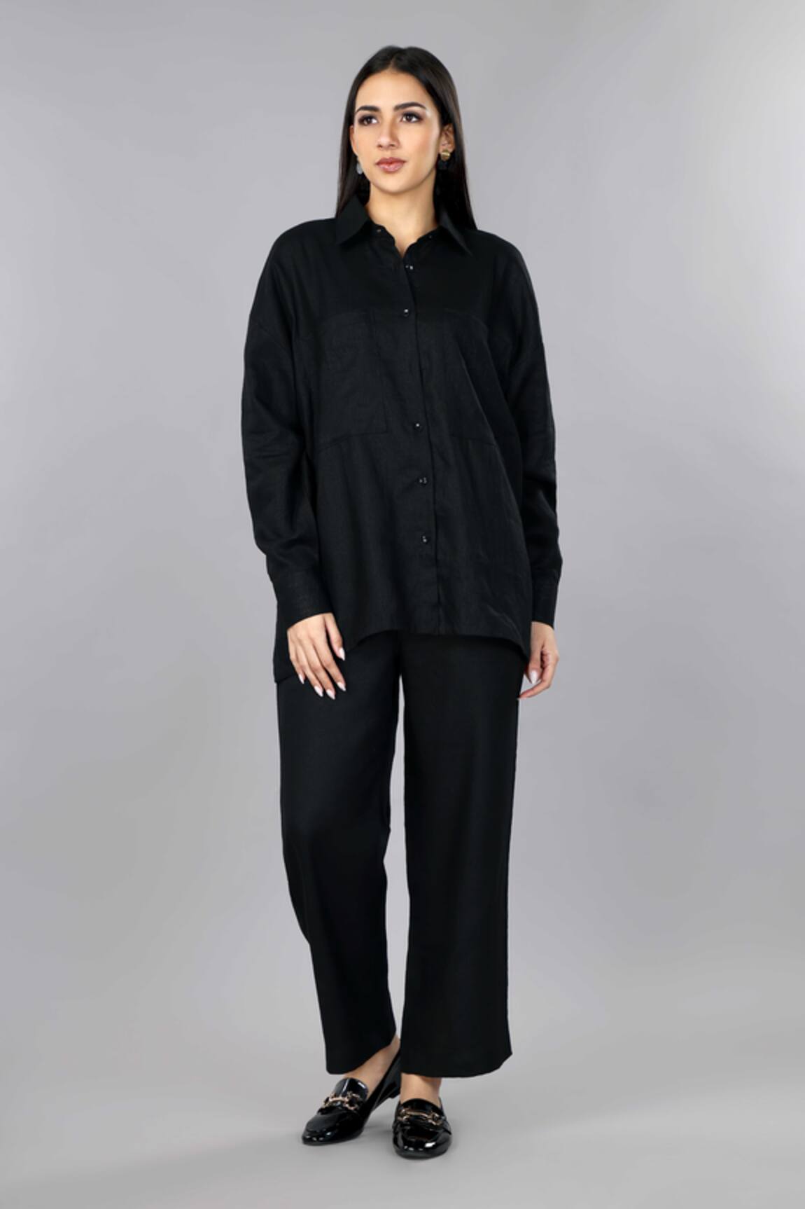 Gothilo Pitch Black Linen Oversized Shirt Set