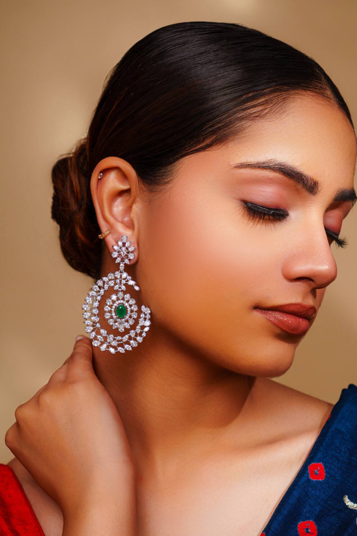 Zevar By Geeta Emerald Stone Diamond Danglers 