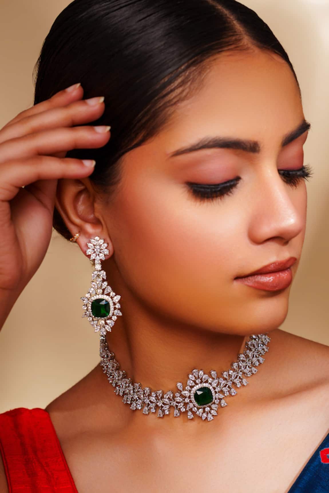 Zevar By Geeta Diamond Choker Set With Emerald Stone 