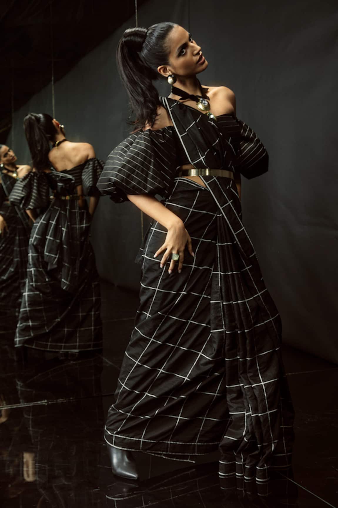 Ekaya Banaras Black Windowpane Check Silk Saree 