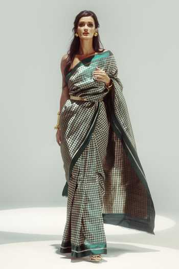 Ekaya Banaras Emerald Green Houndstooth Silk Satin Saree