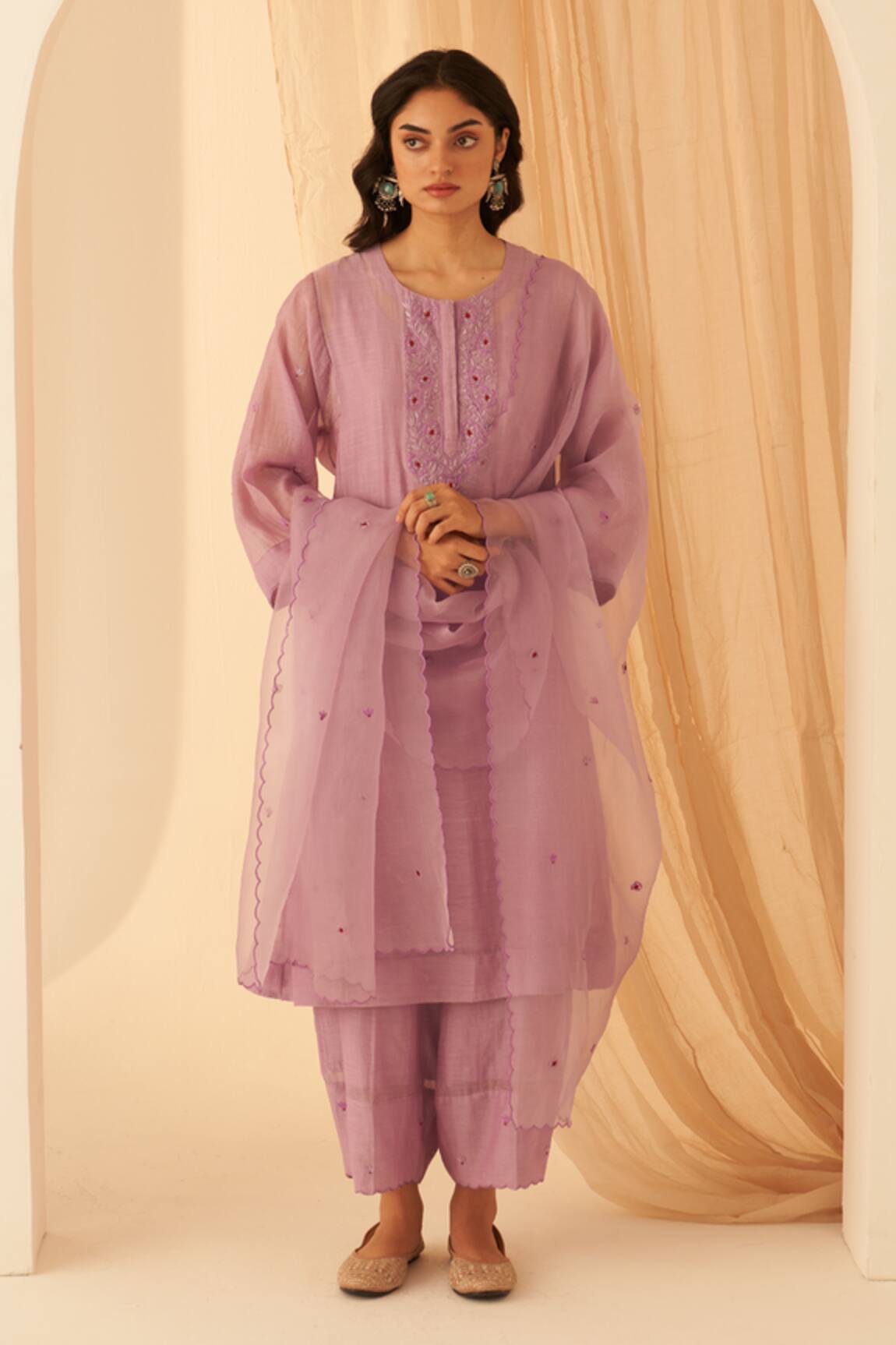 Janki India Chanderi Floral Embroidered Kurta Set