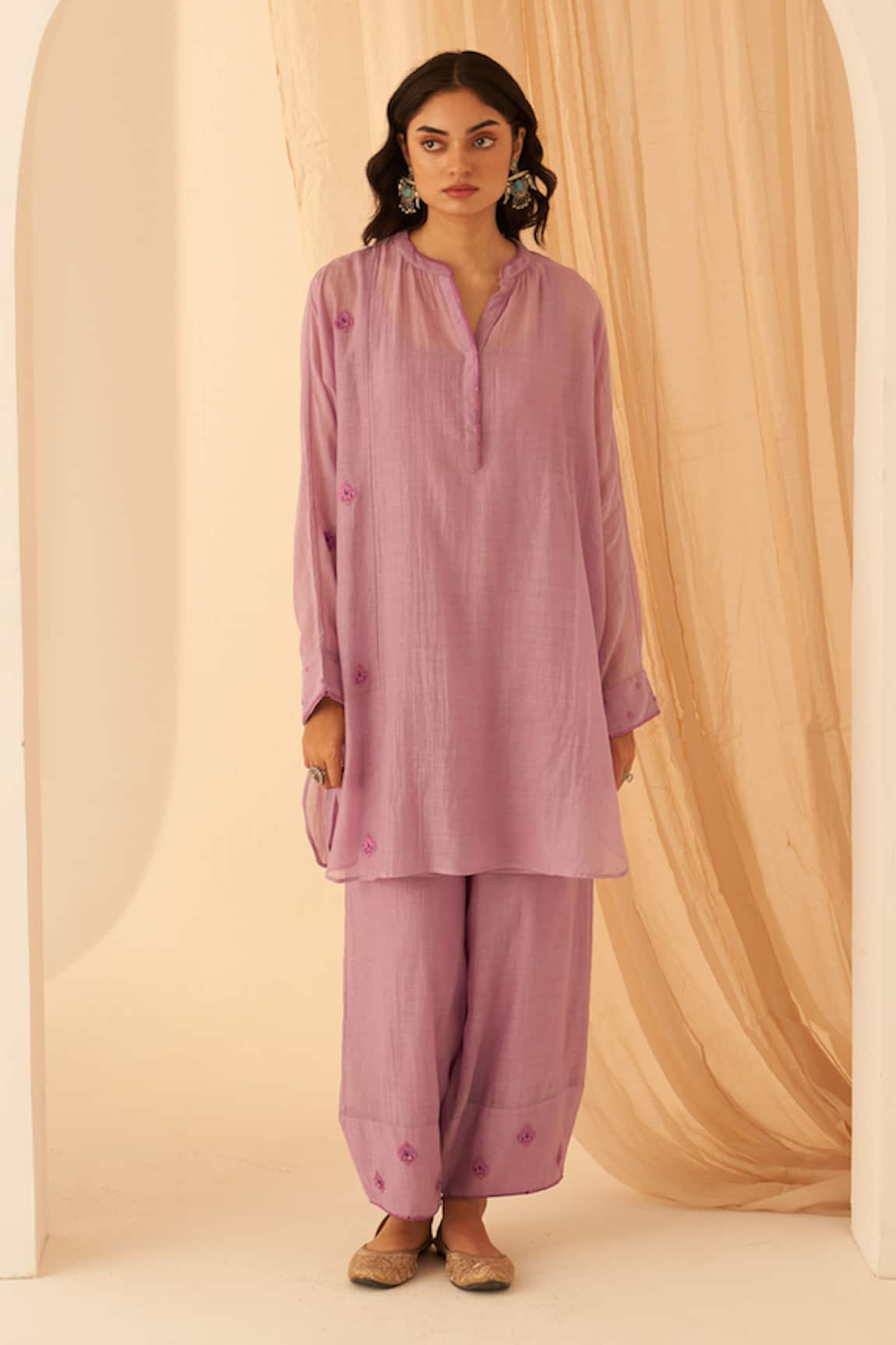 Janki India Lilac Chanderi Floral Buta Tunic Set