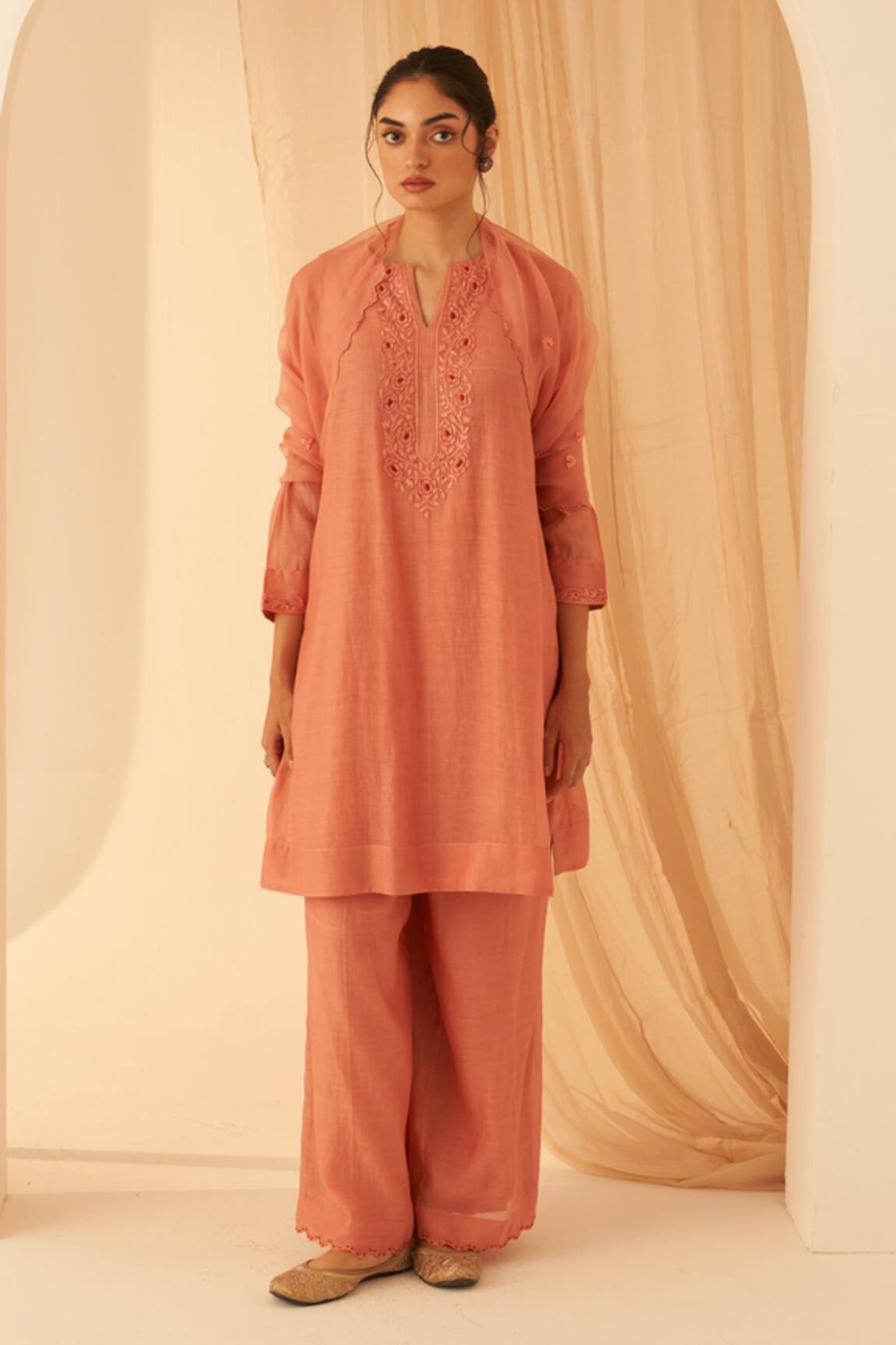 Janki India Chanderi Floral Embroidered Kurta Set 