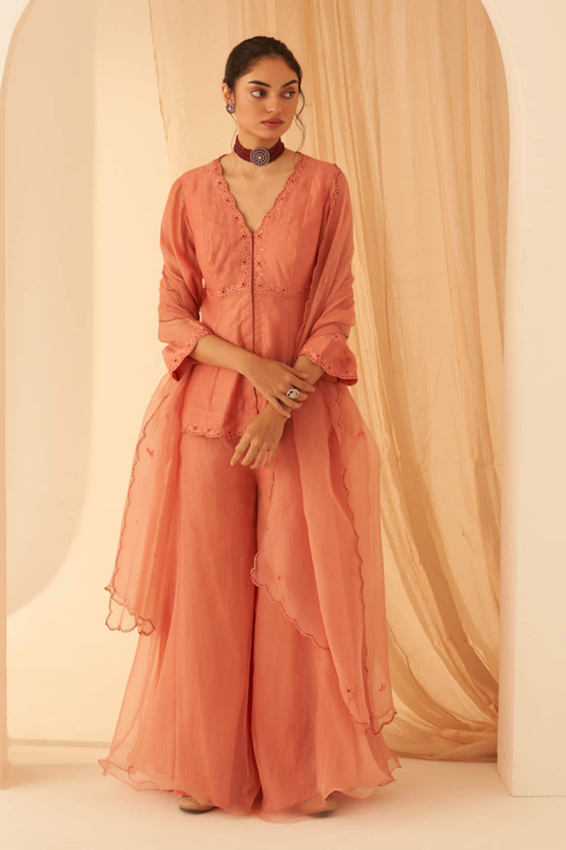 Janki India Peach Chanderi Peplum Set 