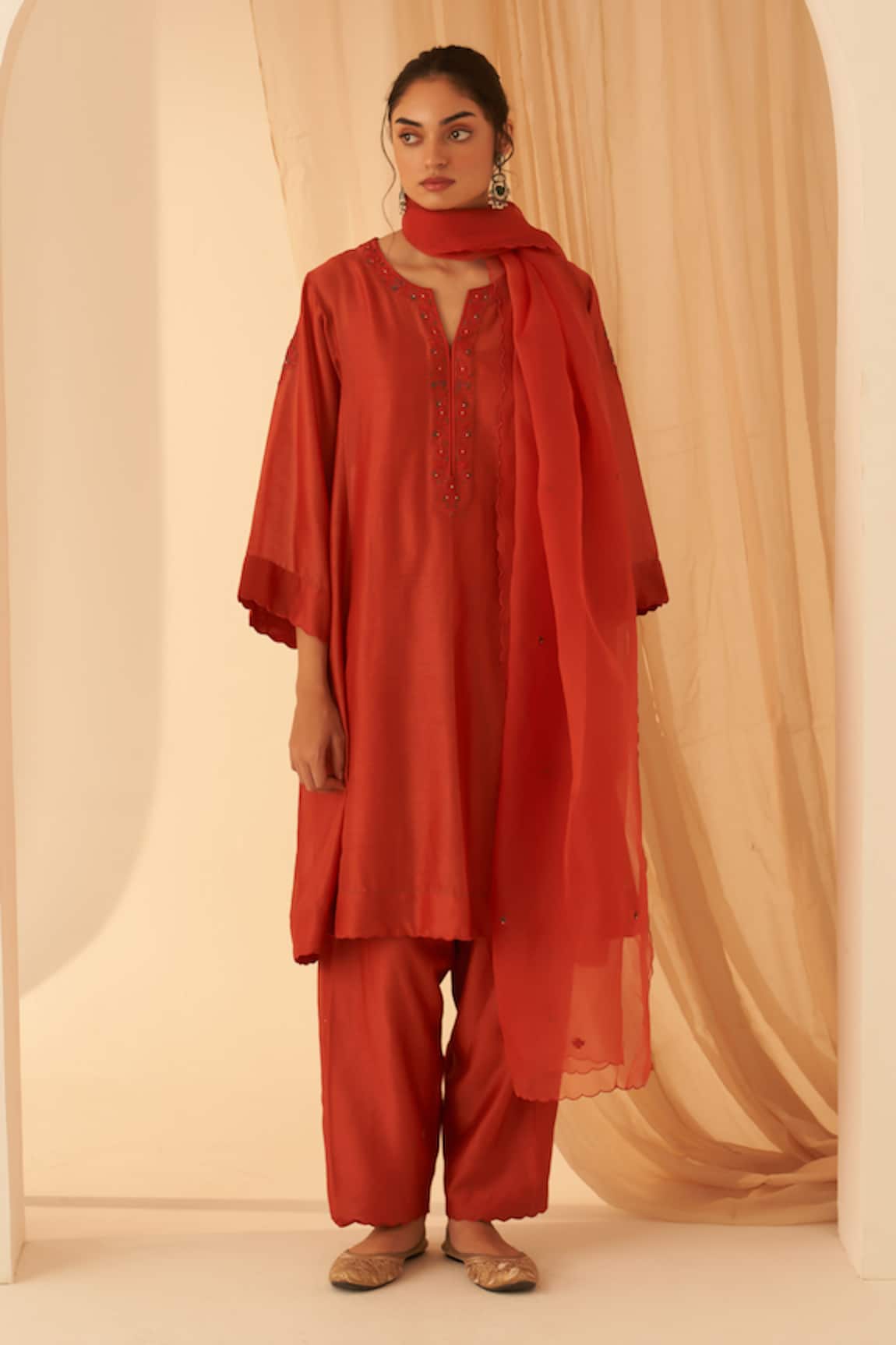 JANKI INDIA Rust Chanderi Resham Embroidered Kurta Set 