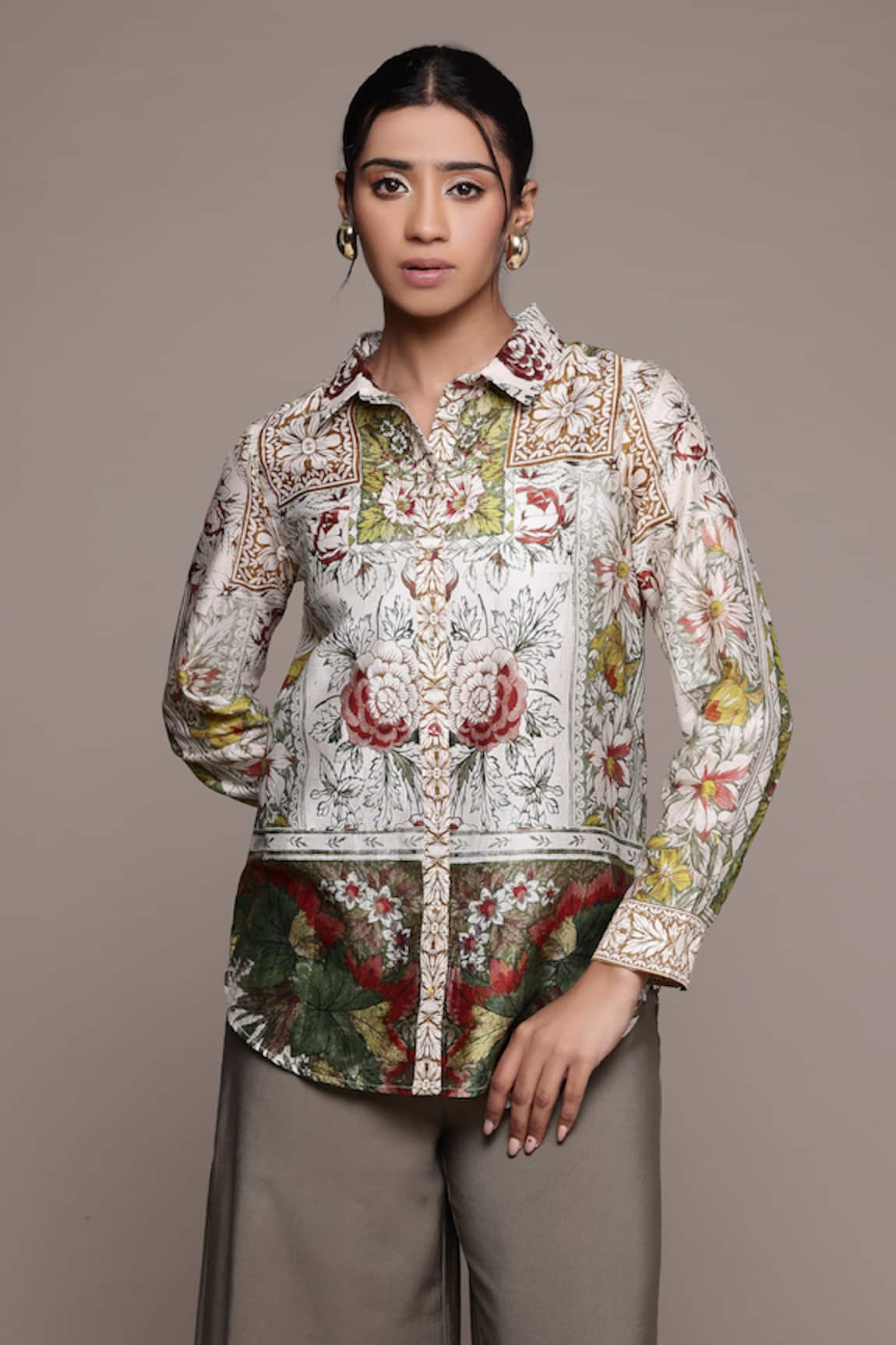 Ritu Kumar Floral Print Off White Pierra Shirt 