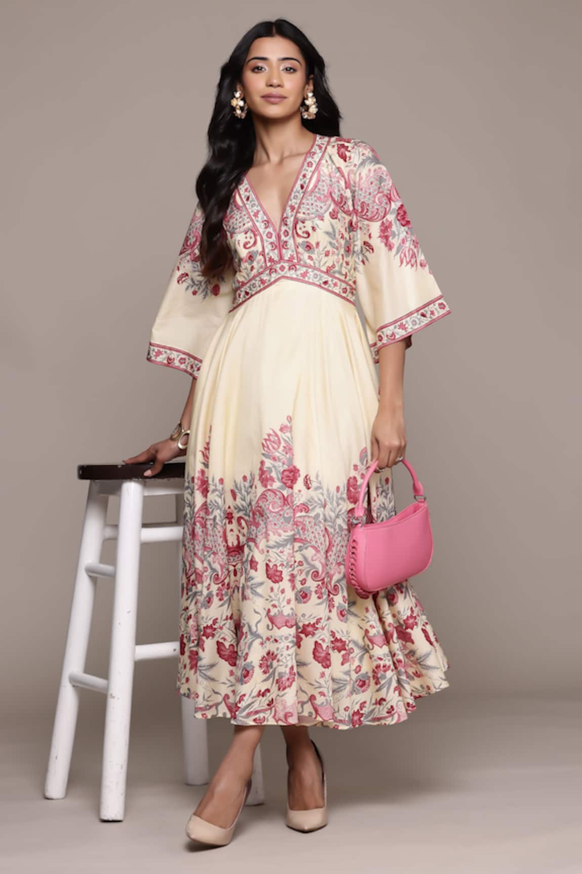 Ritu Kumar Embroidered Off White Midi Dress 