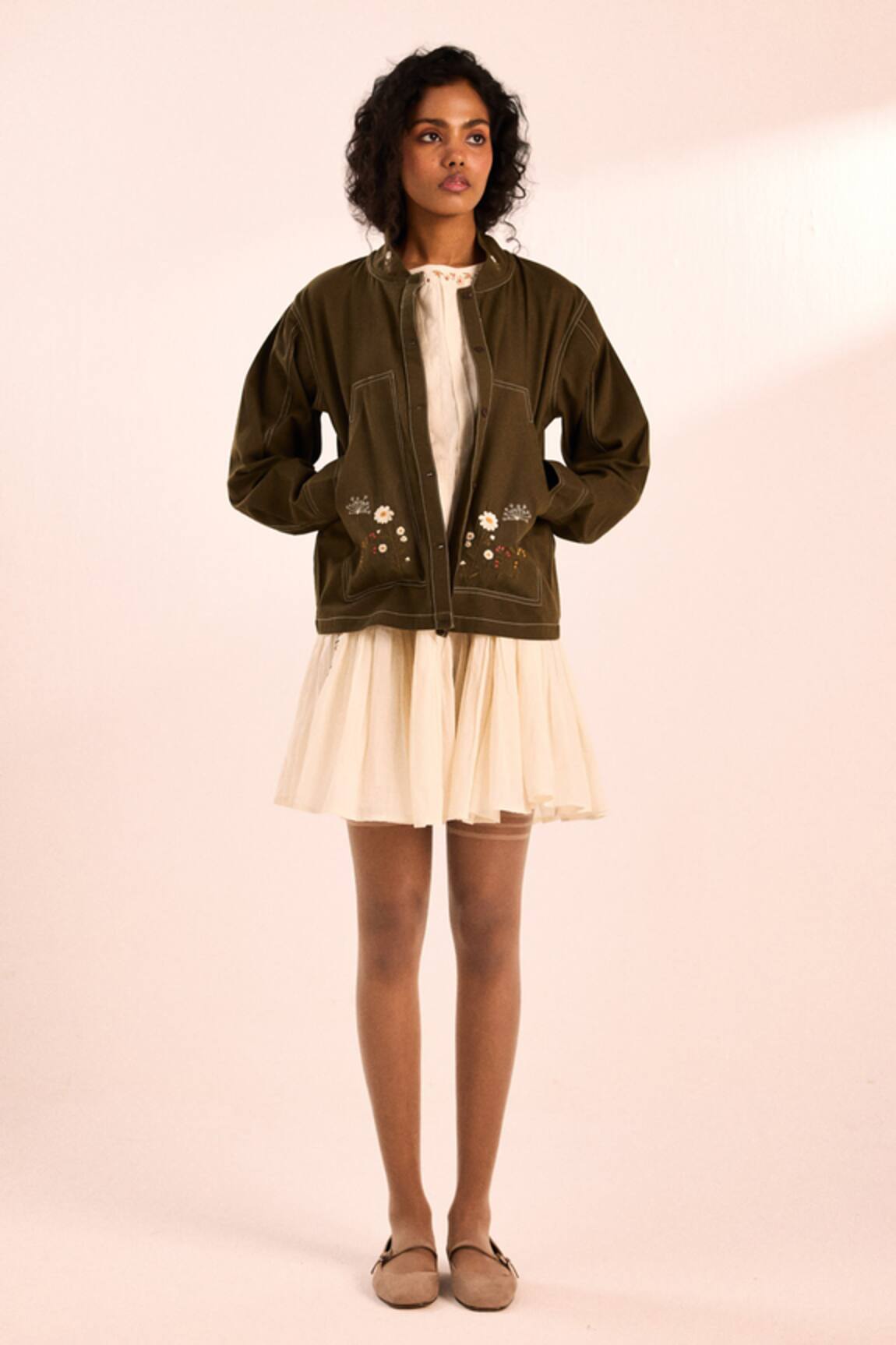 Kharakapas Floral Embroidered Olive Utility Jacket 