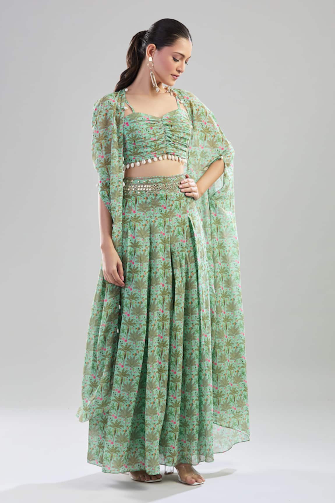 Basanti - Kapde Aur Koffee Tropical Tree Print Cape Sharara Set 